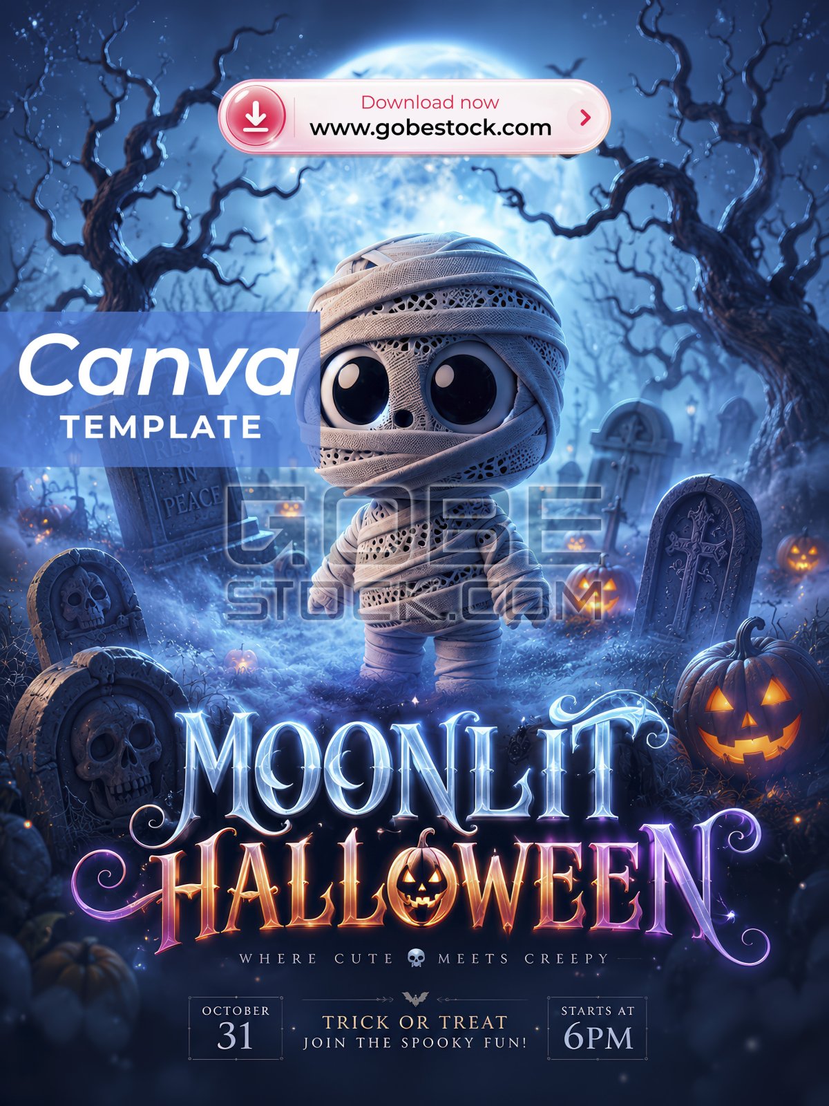 Halloween Cute Mummy Moonlit Graveyard Poster