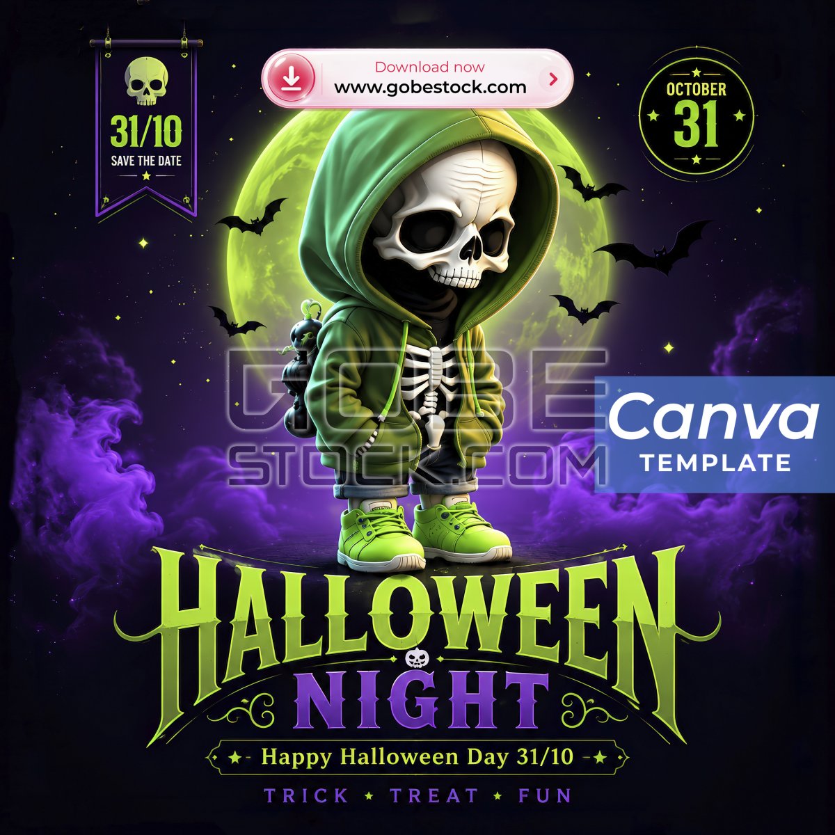 Halloween Green Hoodie Skeleton Moon Poster