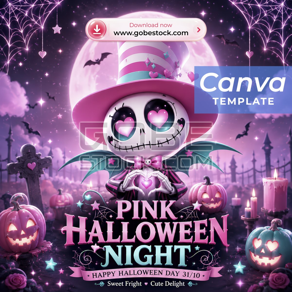 Halloween Pink Moon Skeleton Pumpkin Poster
