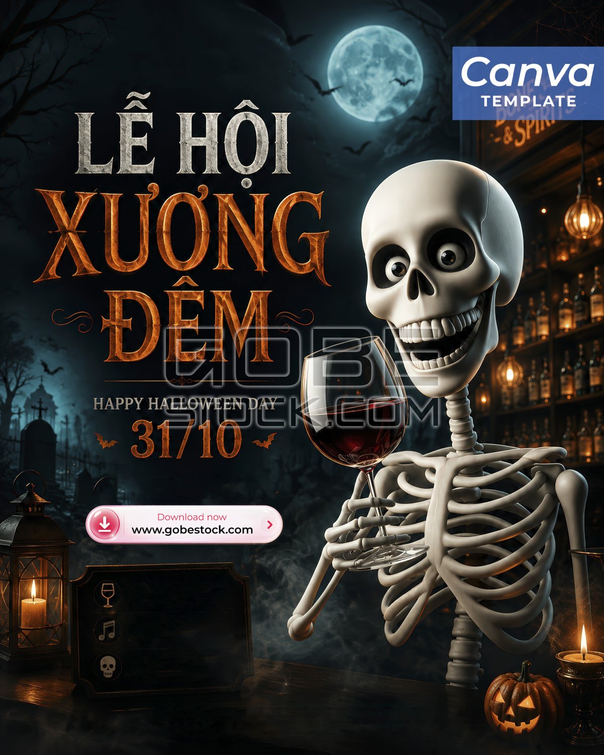 Halloween Skeleton Cocktail Moon Bar Poster