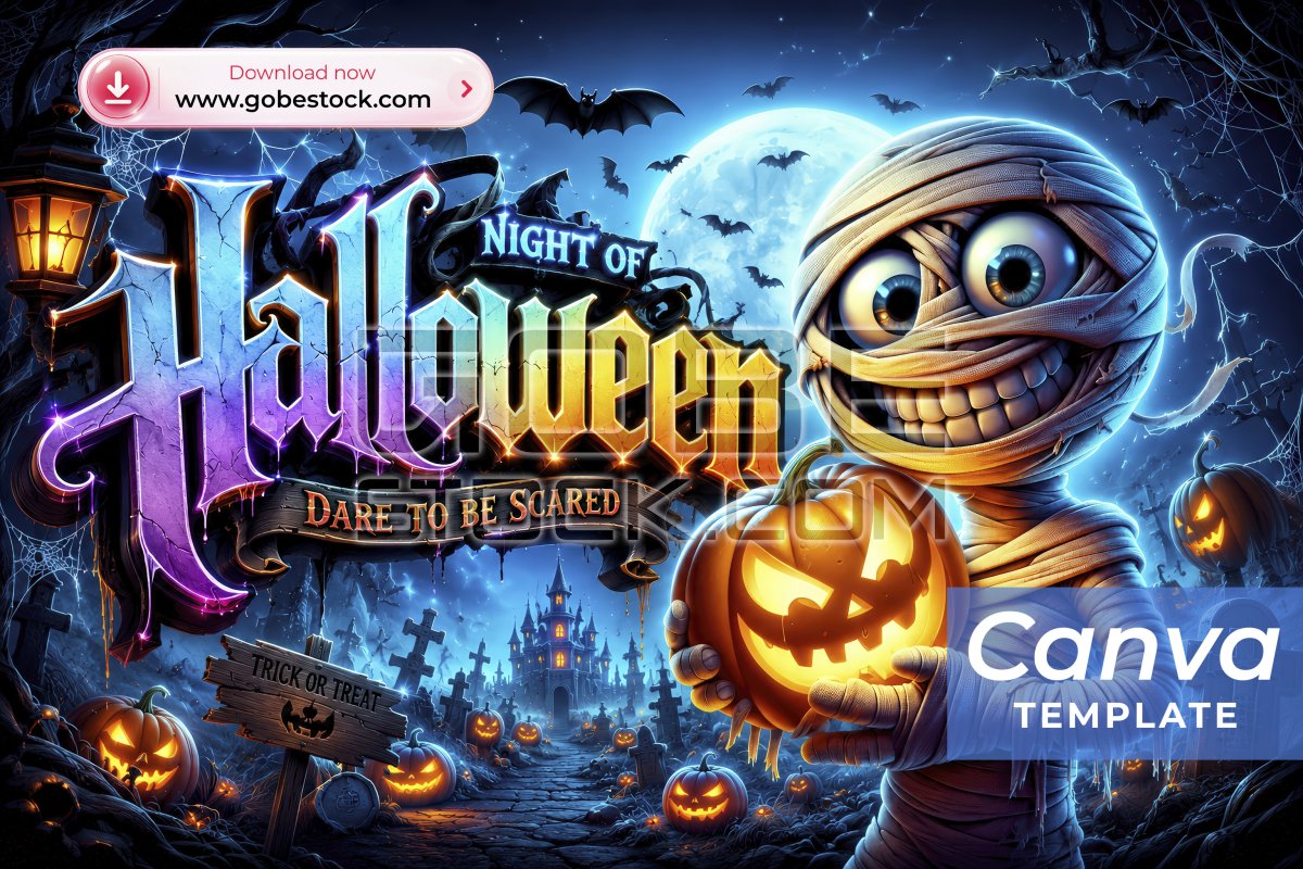 Halloween Smiling Mummy Pumpkin Graveyard Banner