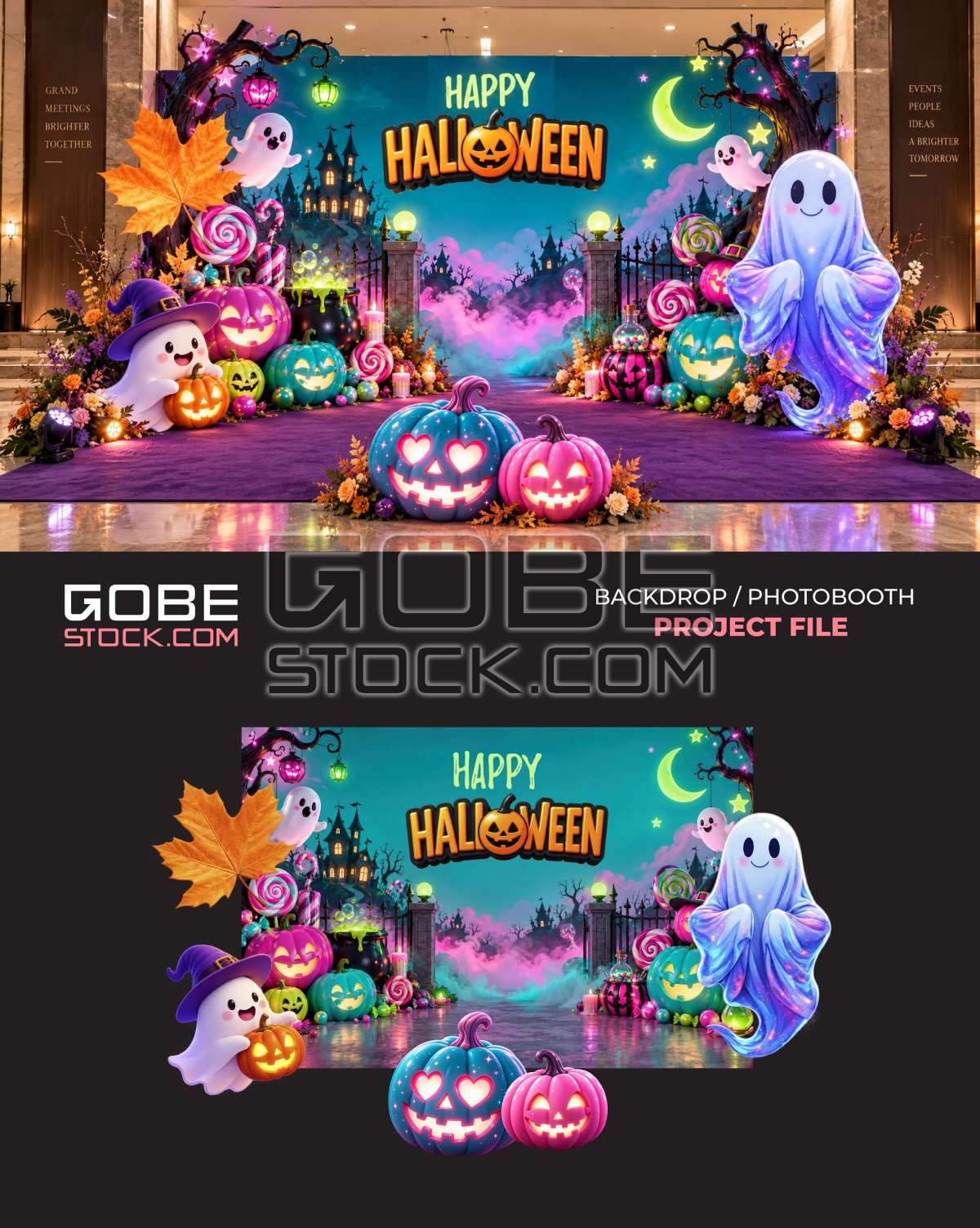 Colorful Cute Ghost Pumpkin Halloween Photobooth Backdrop
