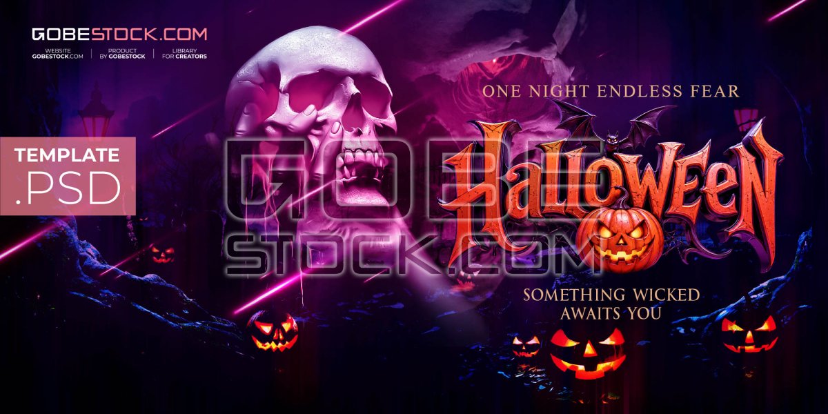 Halloween banner with hand holding skull and glowing pumpkins