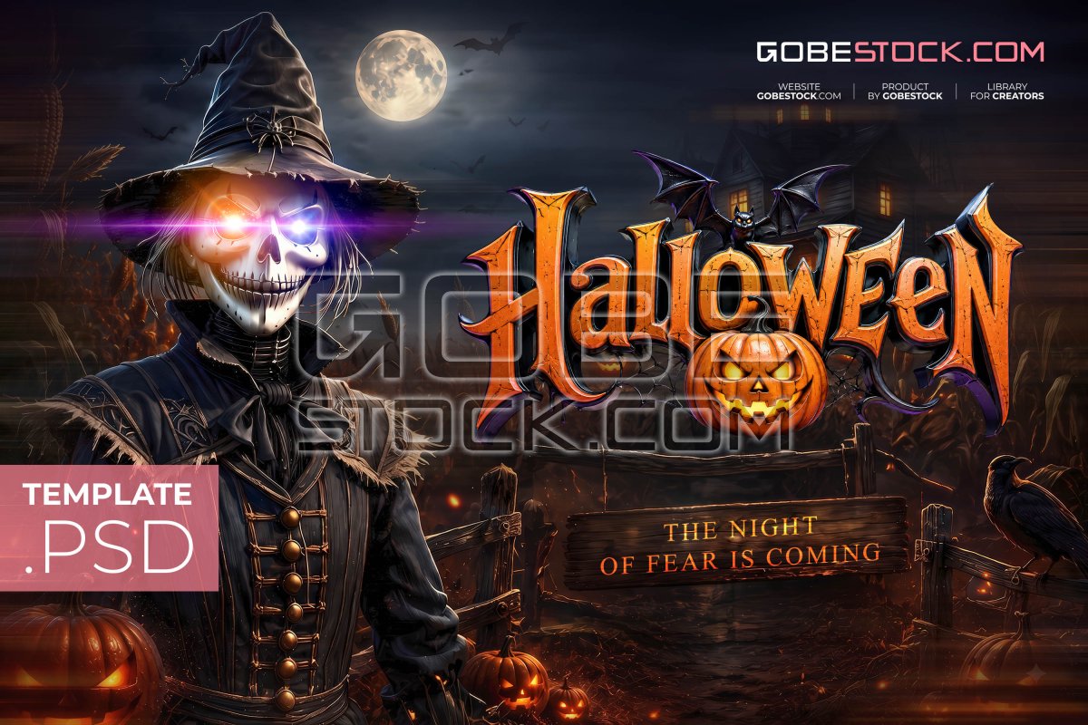 Halloween banner with skeleton witch in haunted pumpkin farm