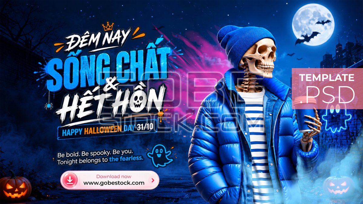 Halloween Blue Jacket Skeleton Coffee Banner