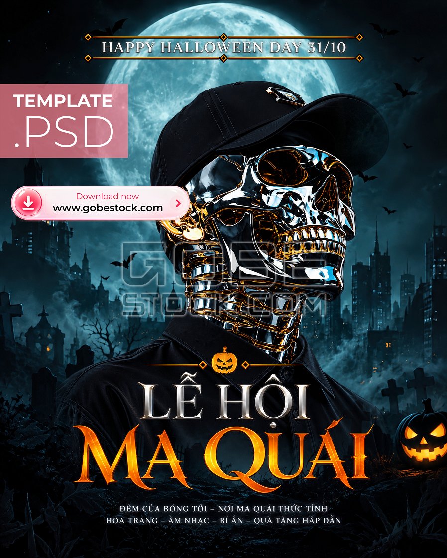 Halloween Chrome Skull City Moon Poster