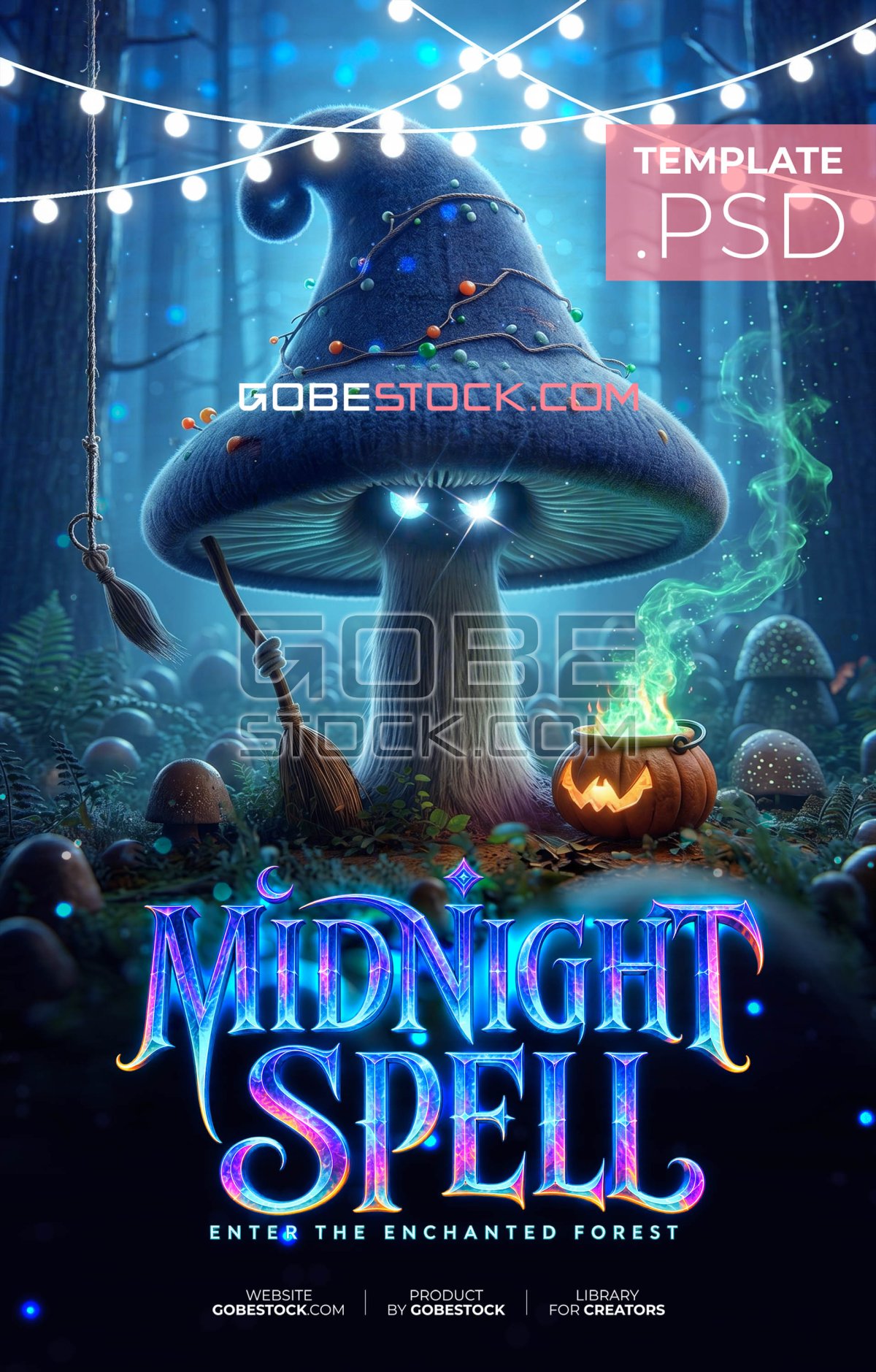 Halloween fantasy poster with giant mushroom wizard and green cauldron