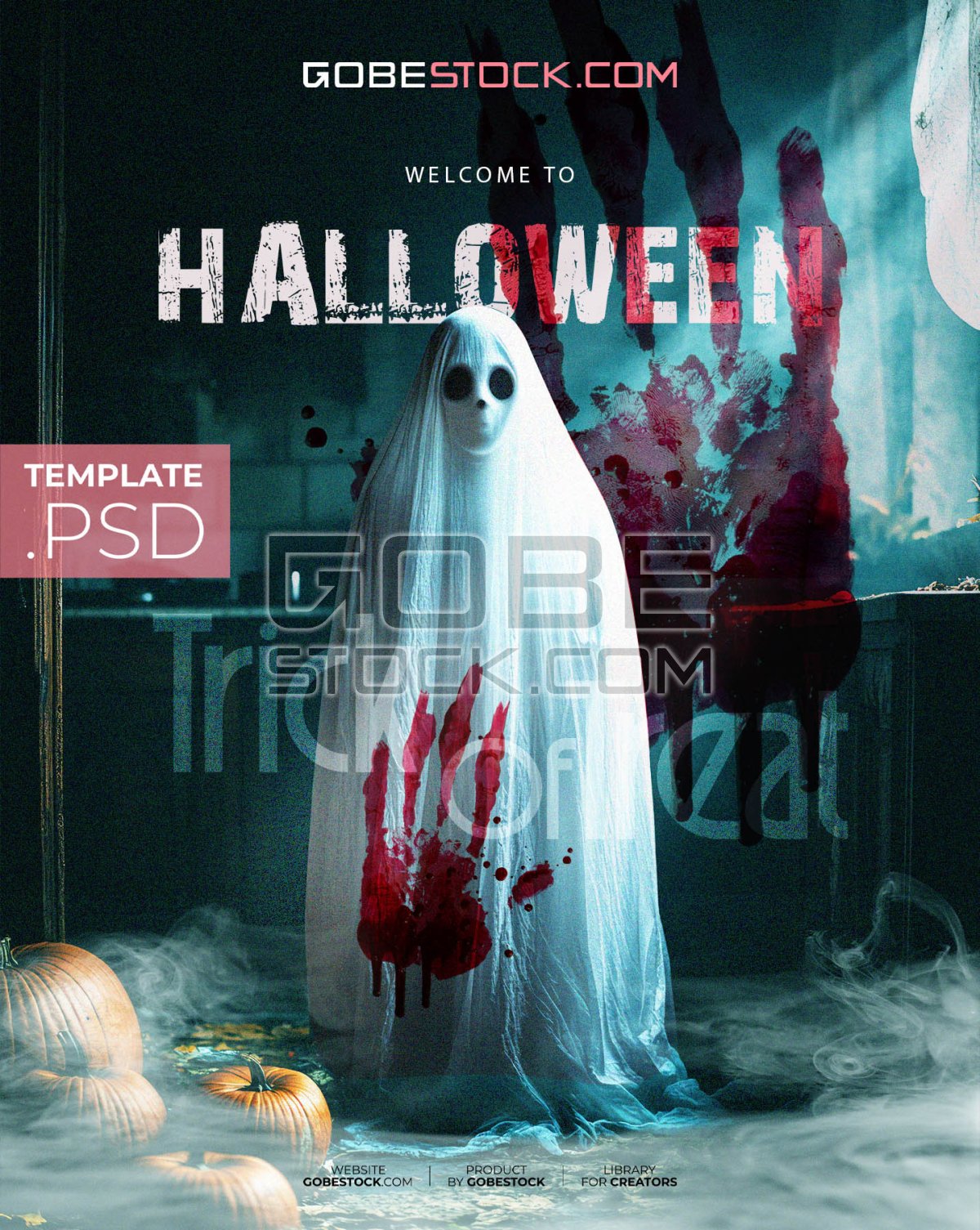 Halloween horror poster with bloody sheet ghost in haunted room