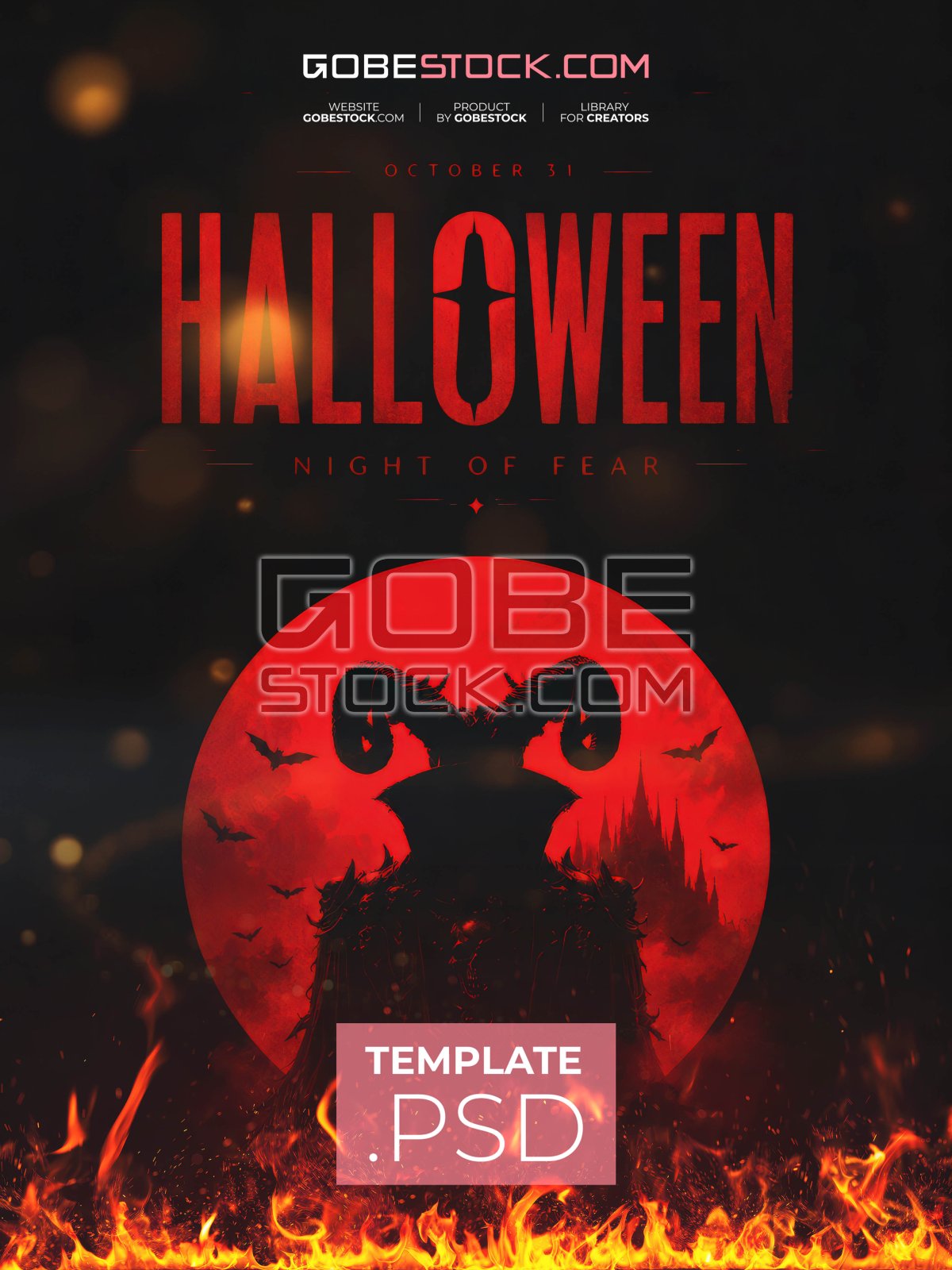 Halloween horror poster with demon silhouettes under red moon