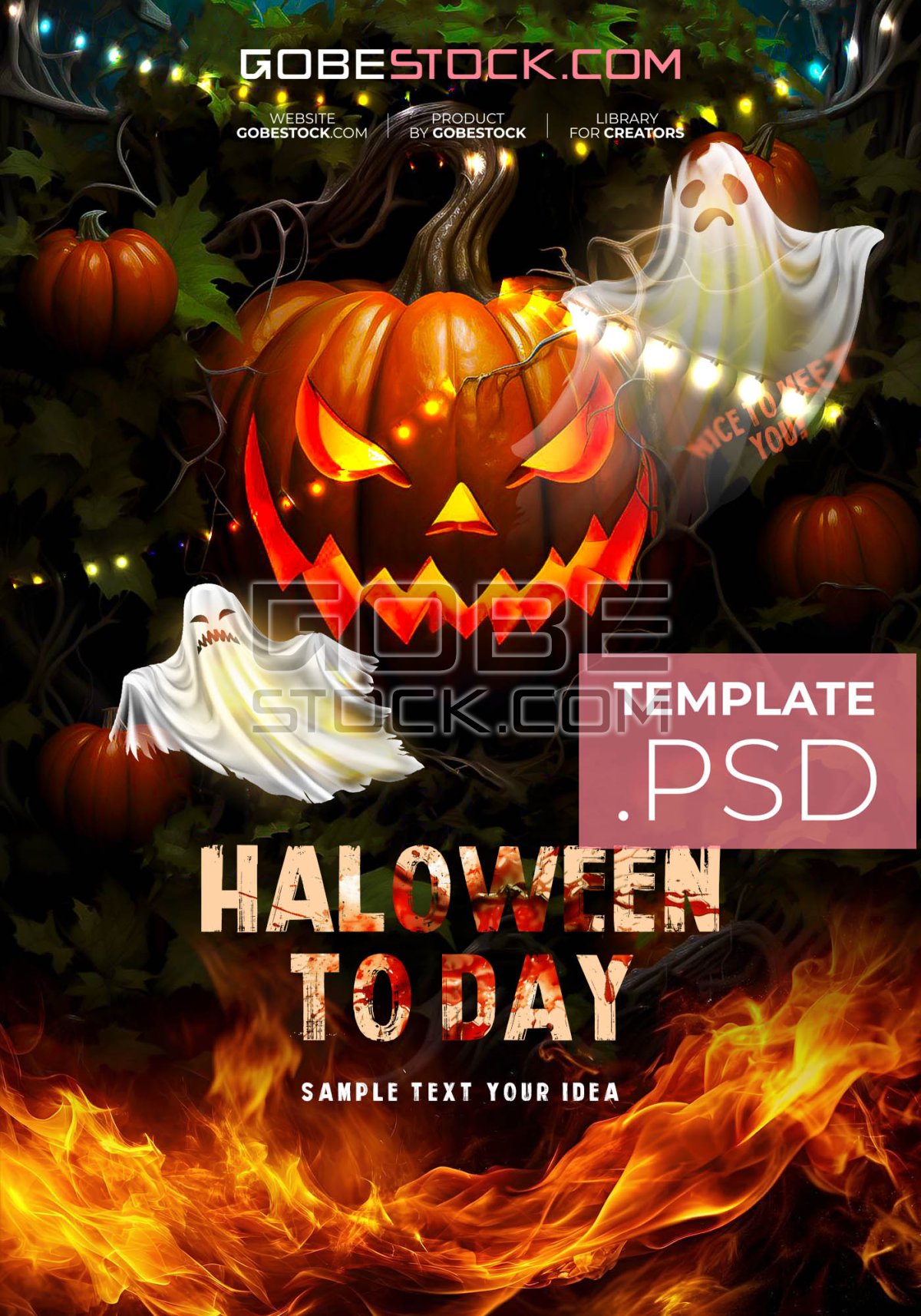 Halloween horror poster with giant jack o lantern ghosts and fire