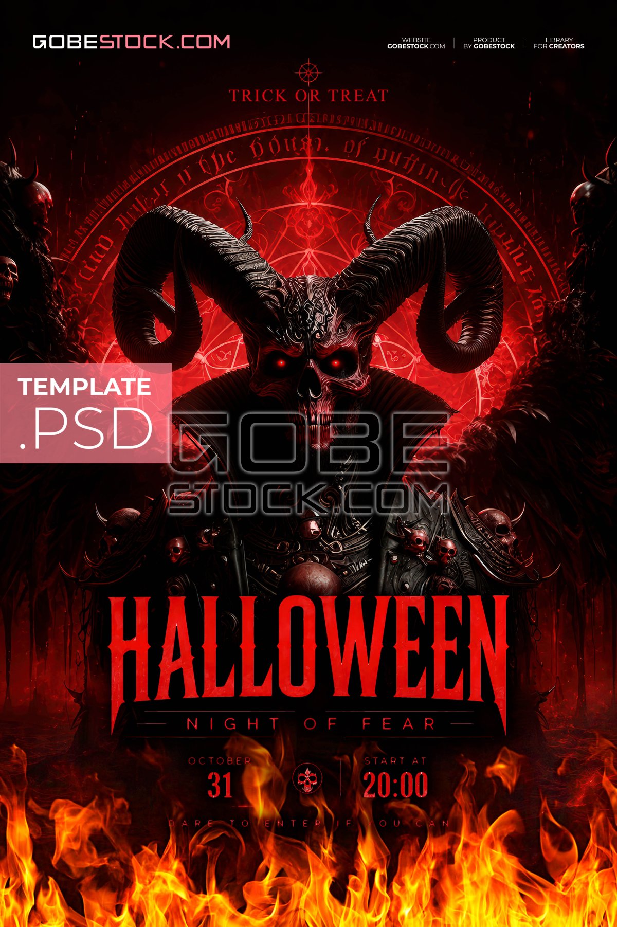 Halloween horror poster with horned demon skull and occult circle