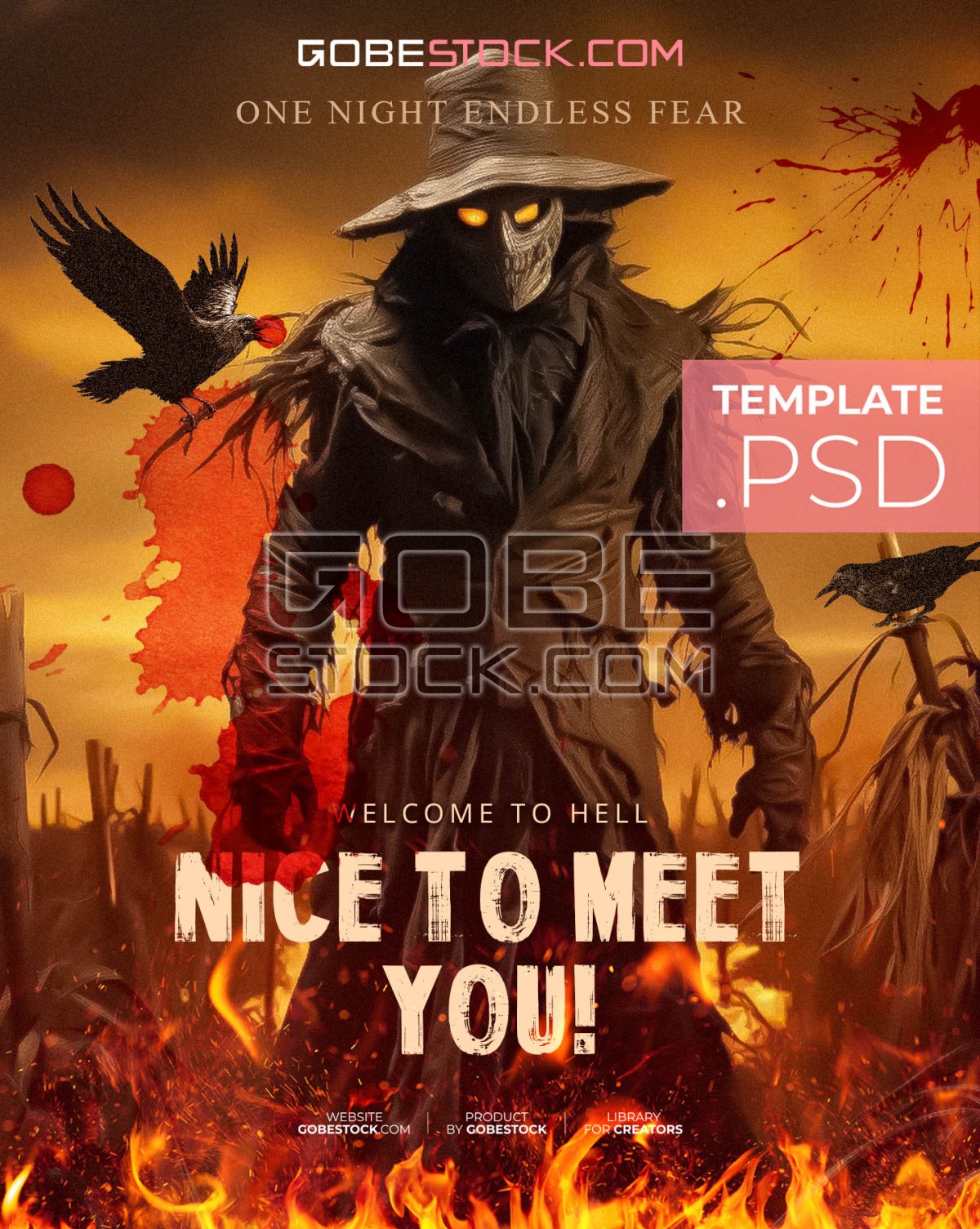 Halloween horror poster with plague doctor scarecrow ravens and fire