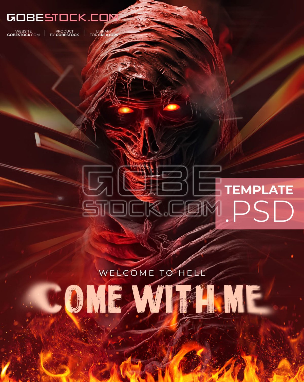 Halloween horror poster with red eyed mummy in flames