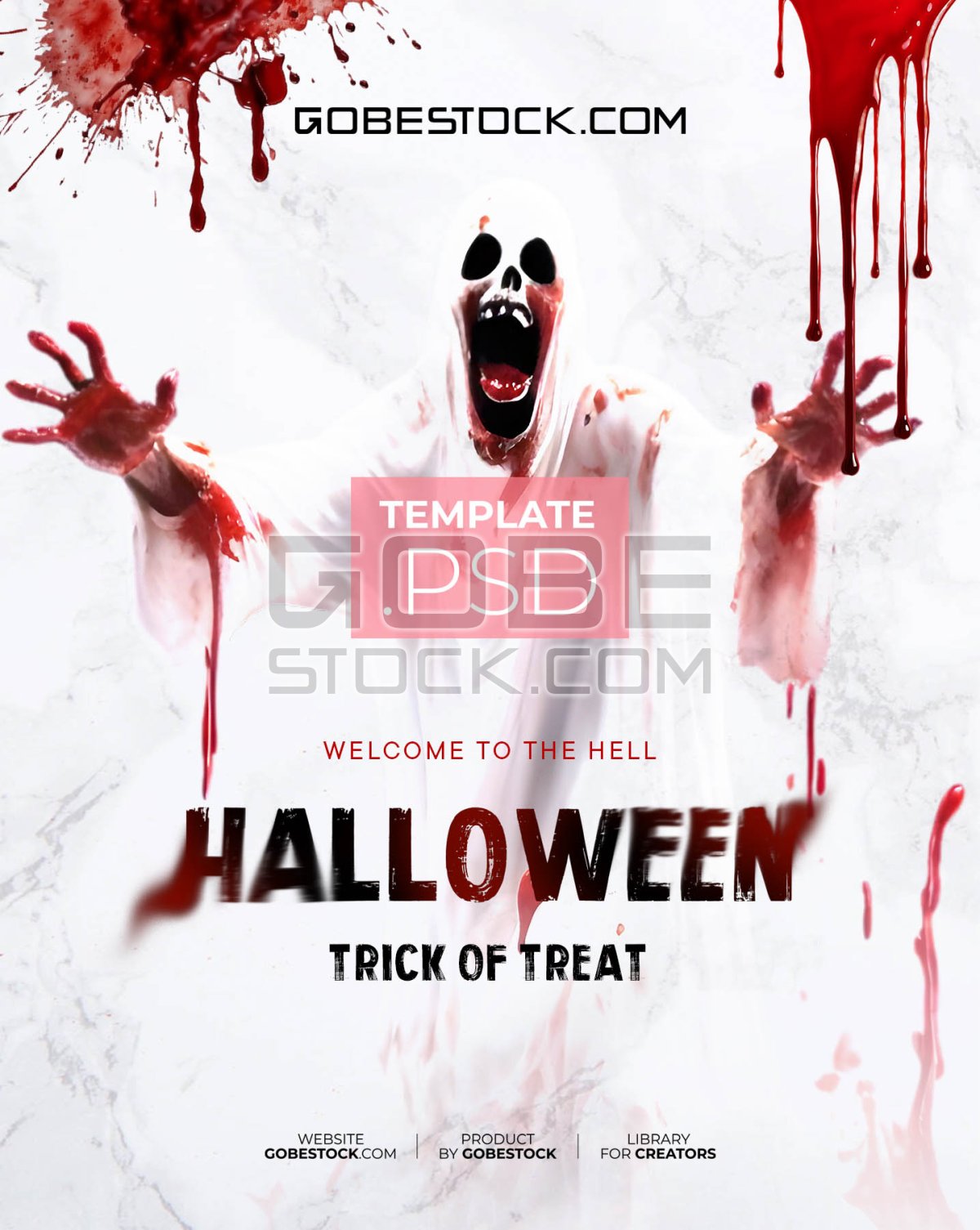 Halloween horror poster with screaming bloody ghost and handprints