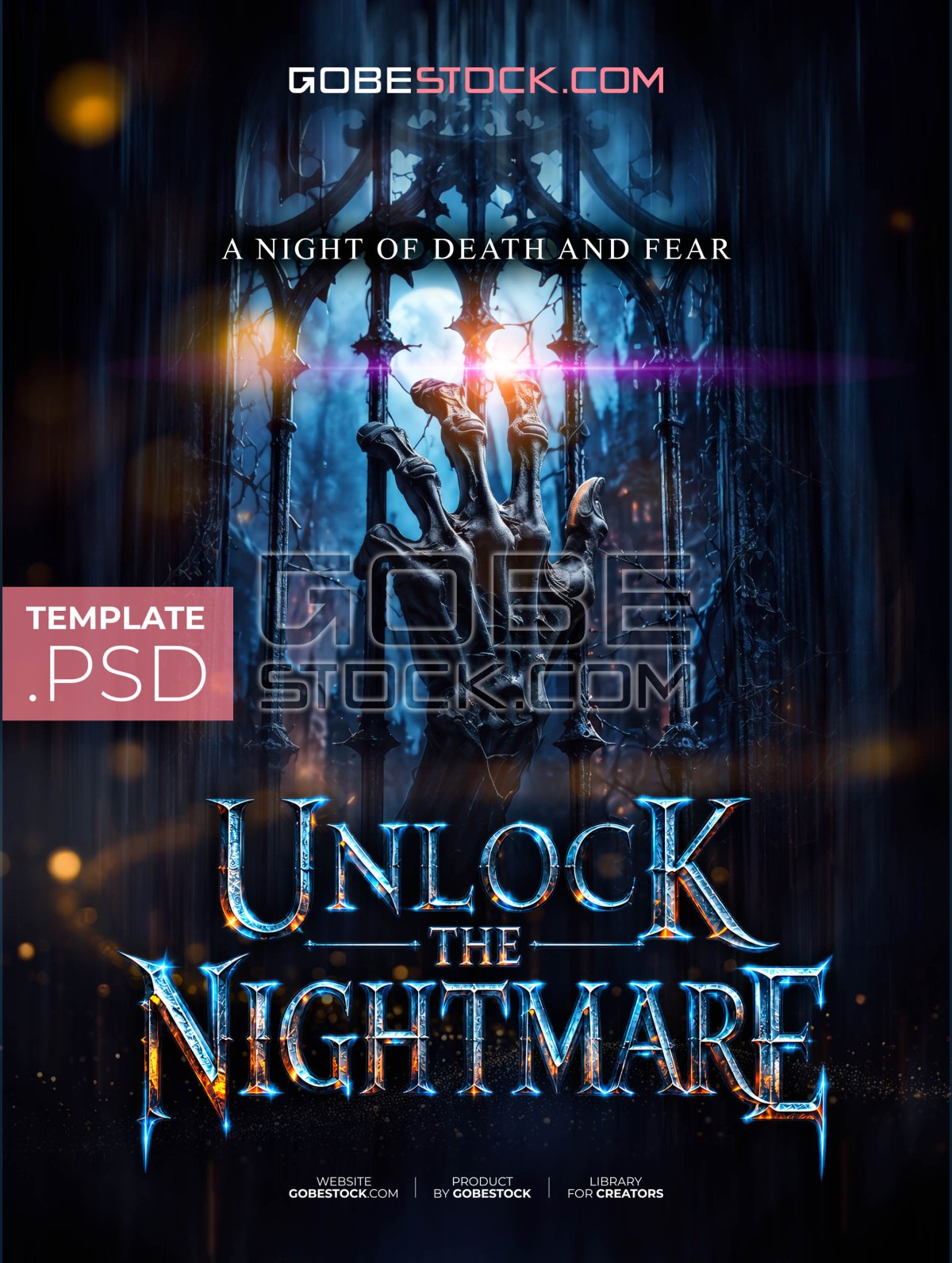 Halloween horror poster with skeletal hand gripping gothic gate