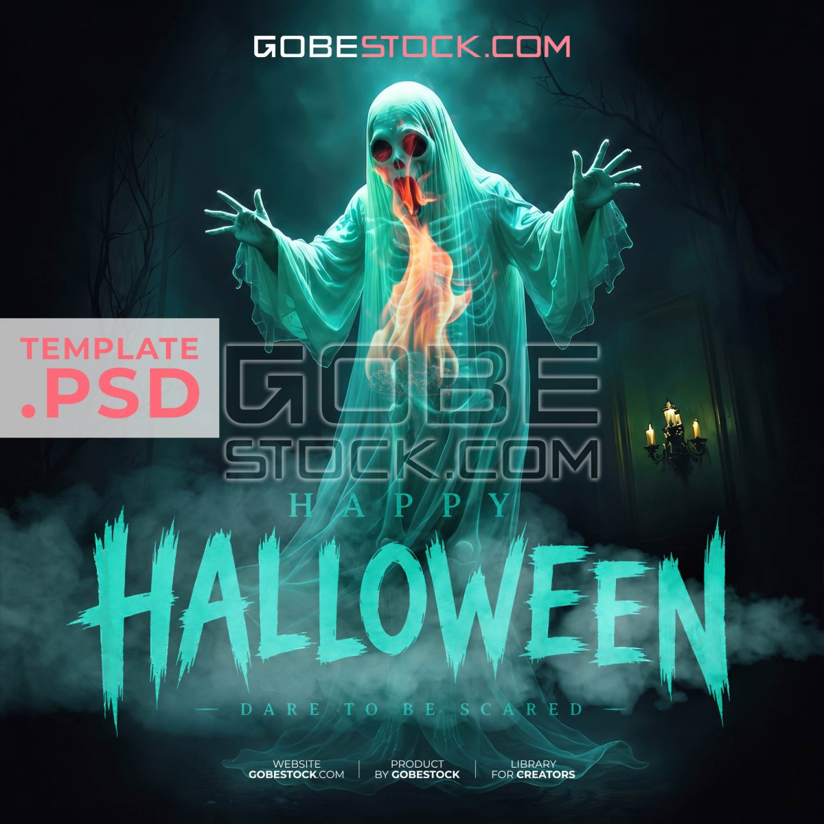 Halloween horror poster with translucent ghost and flaming skeleton