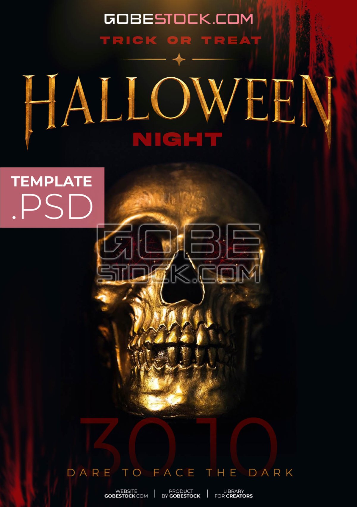 Halloween night poster with golden skull and red curtains