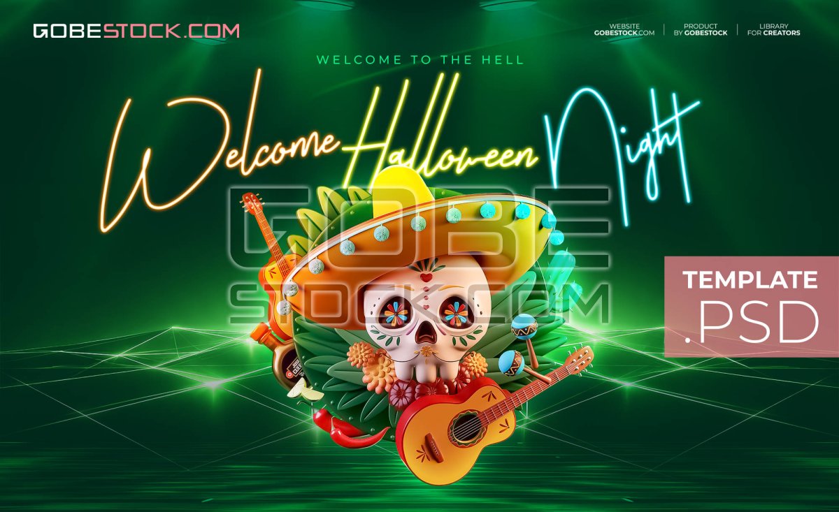 Halloween party banner with Day of the Dead skull sombrero and guitars
