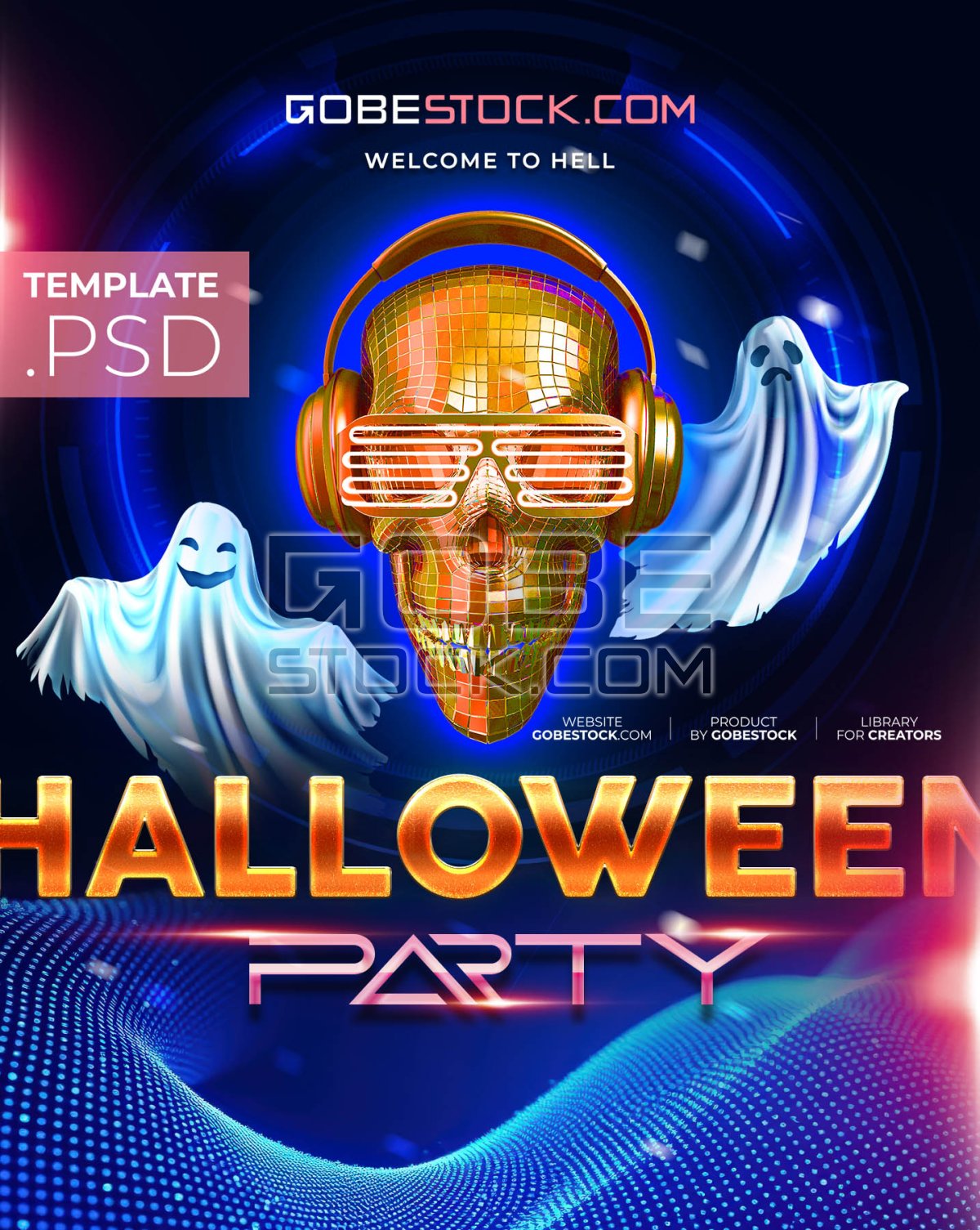 Halloween party poster with disco skull headphones and floating ghosts
