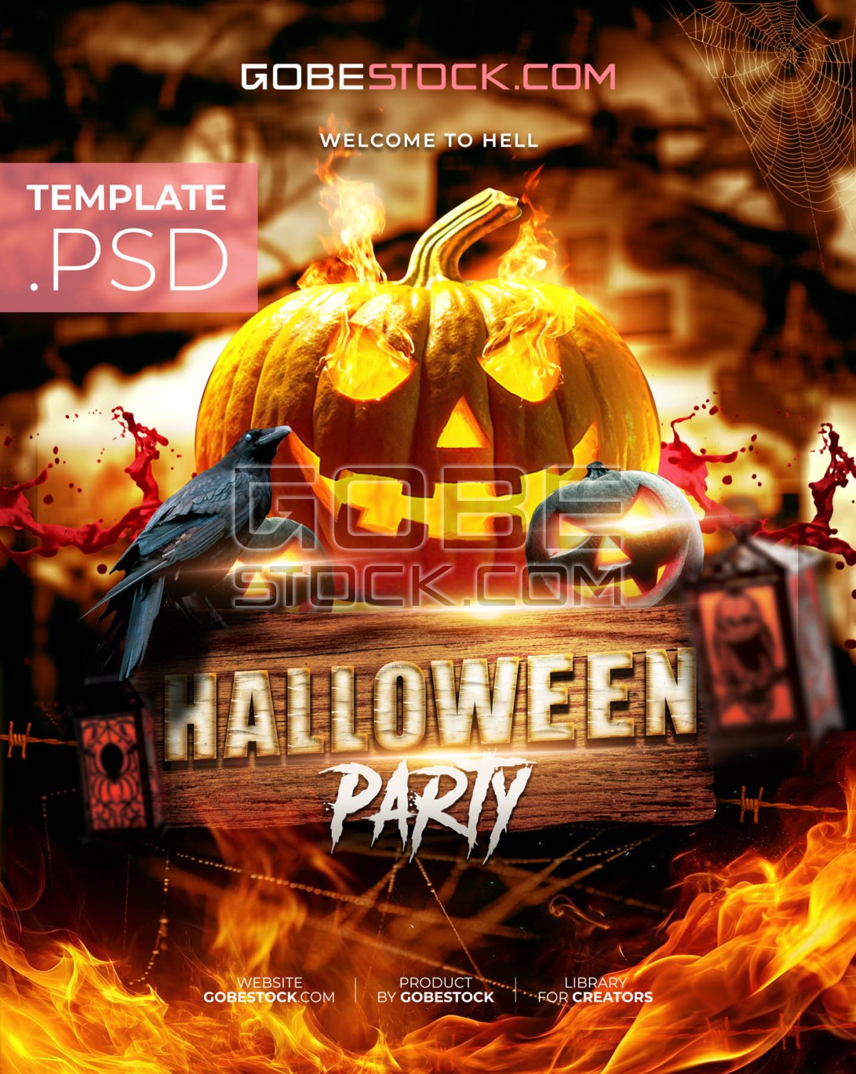 Halloween poster with burning jack o lanterns raven and lanterns