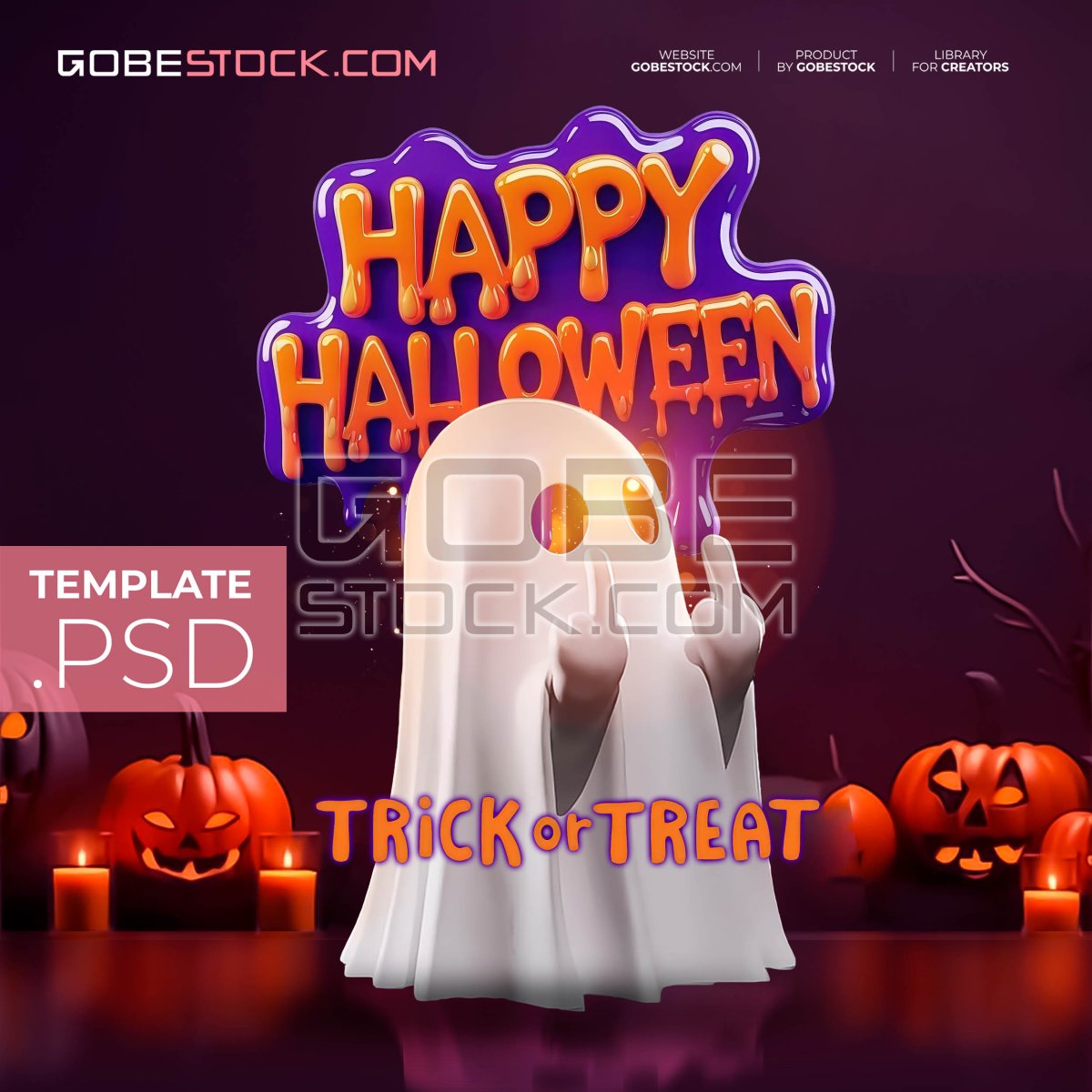 Halloween poster with cheeky ghost among pumpkins and candles