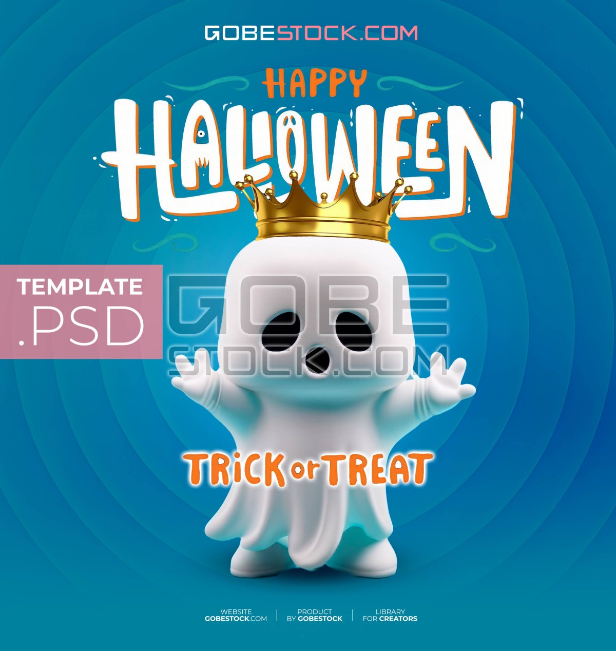 Halloween poster with cute crowned ghost on blue background