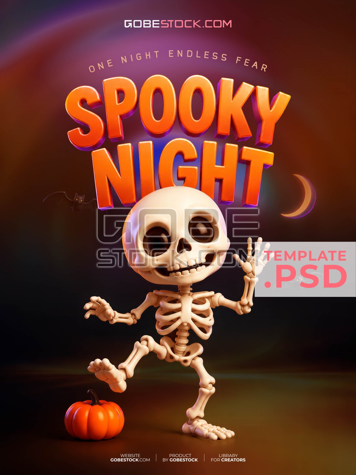 Halloween poster with cute dancing skeleton and pumpkin