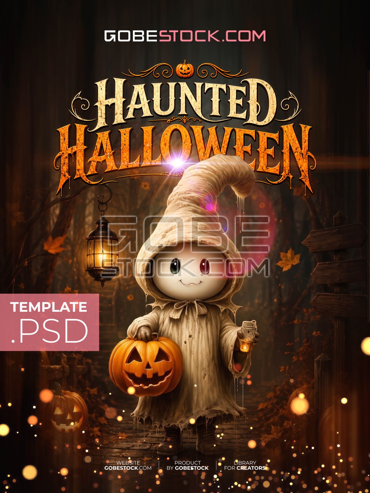 Halloween poster with cute hooded ghost carrying pumpkin bucket