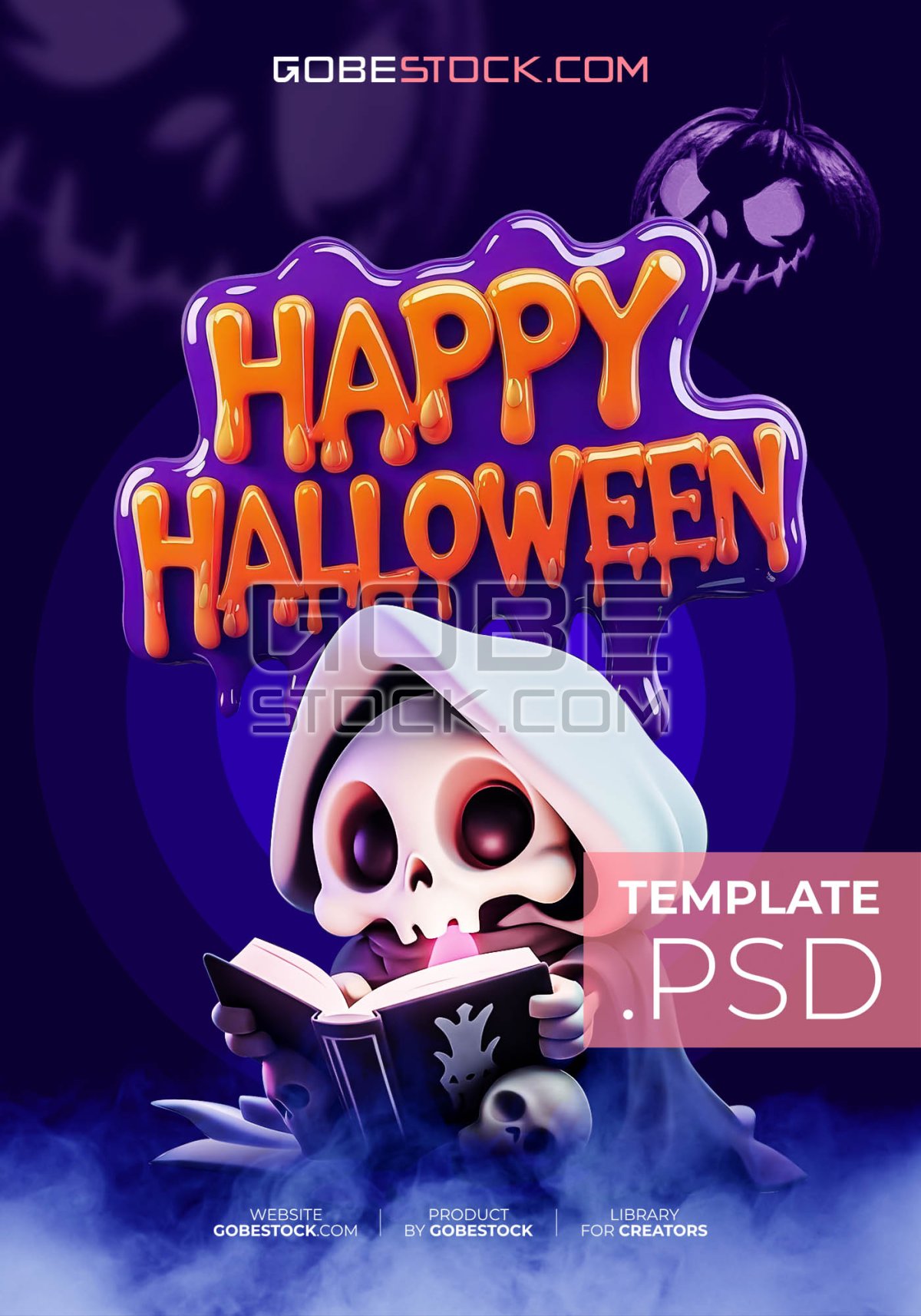 Halloween poster with cute hooded skeleton reading spell book