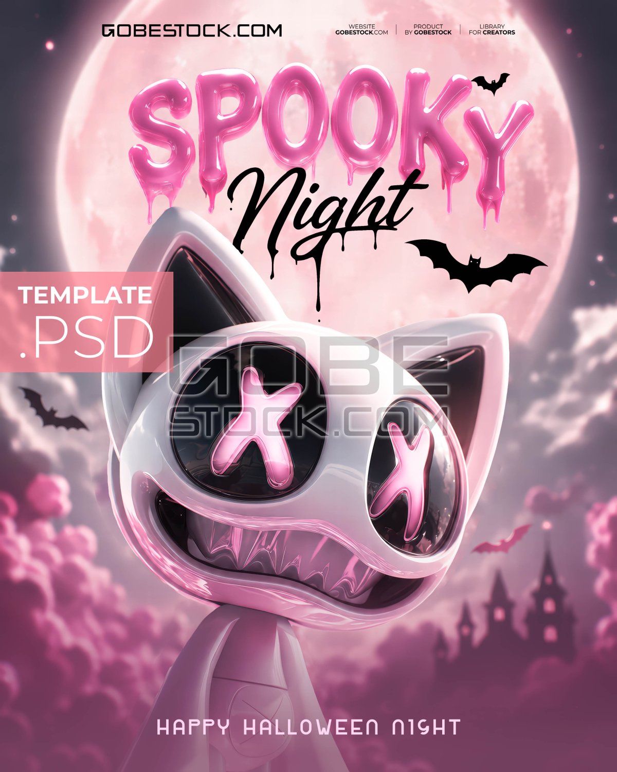 Halloween poster with cute pink ghost skull under full moon