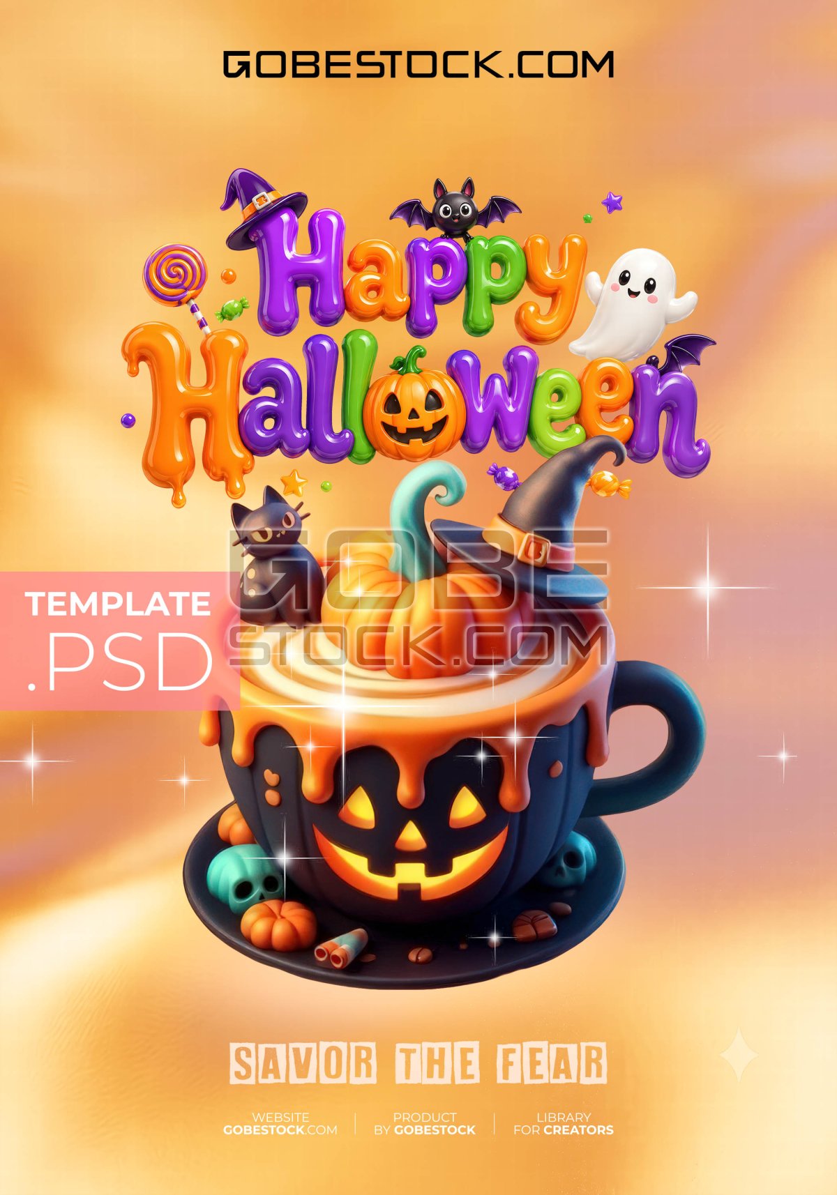 Halloween poster with cute pumpkin coffee cup cat ghost and candy