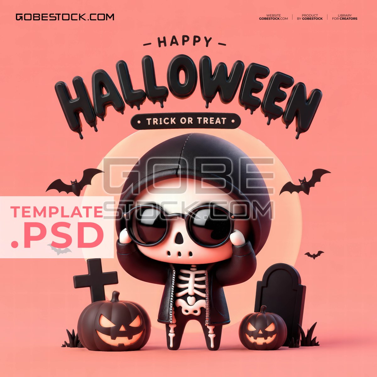 Halloween poster with cute skeleton wearing sunglasses on pink background