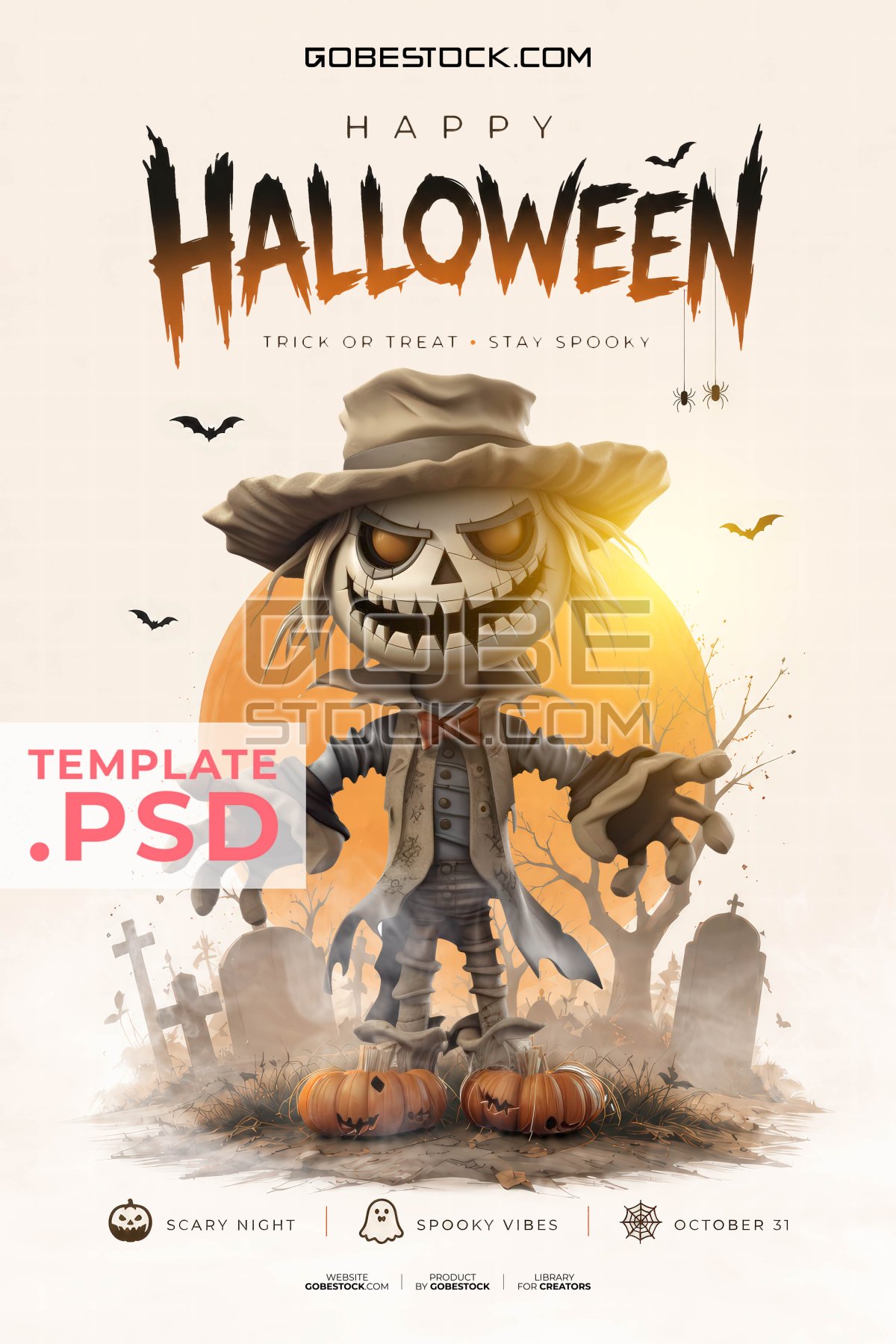 Halloween poster with eerie scarecrow in autumn graveyard