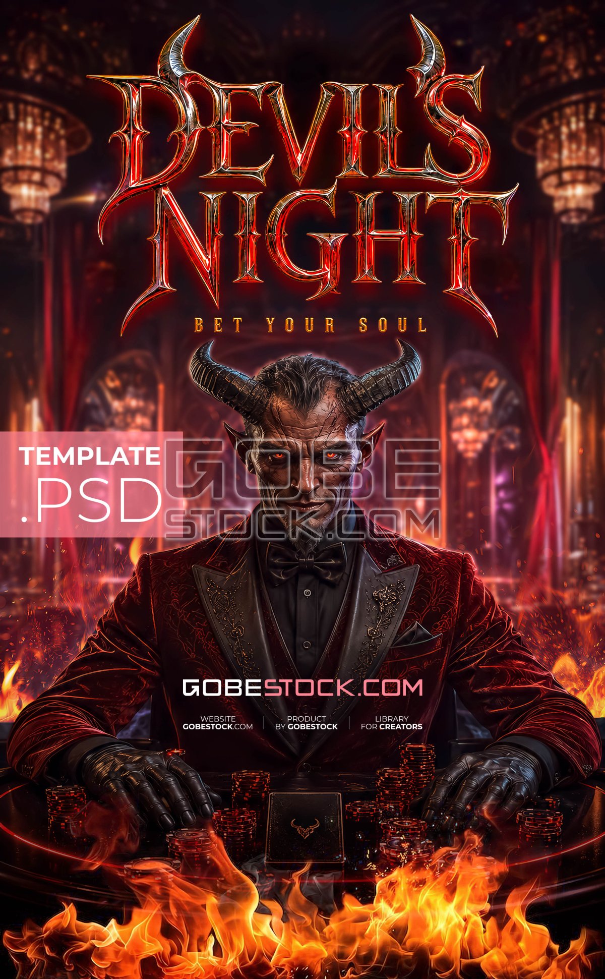 Halloween poster with elegant horned devil at casino table