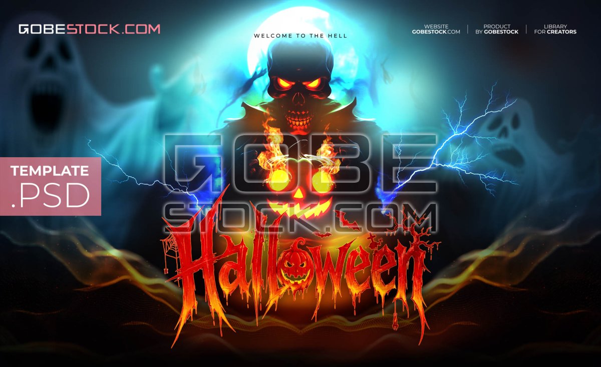 Halloween poster with fiery skeleton holding jack o lantern