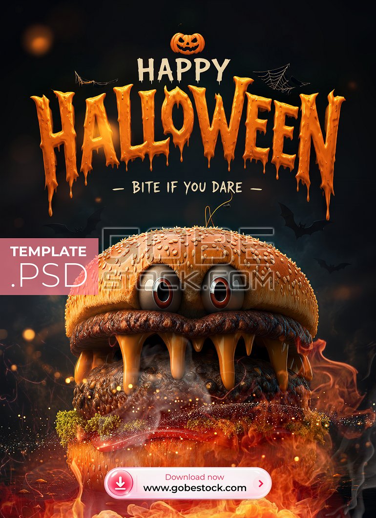 Halloween poster with flaming monster burger and dripping cheese