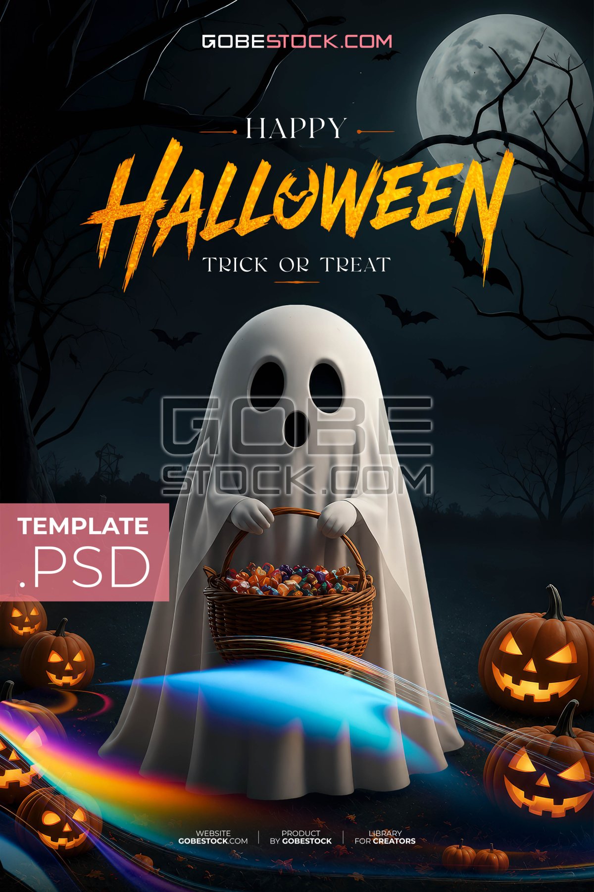 Halloween poster with ghost carrying candy basket under full moon