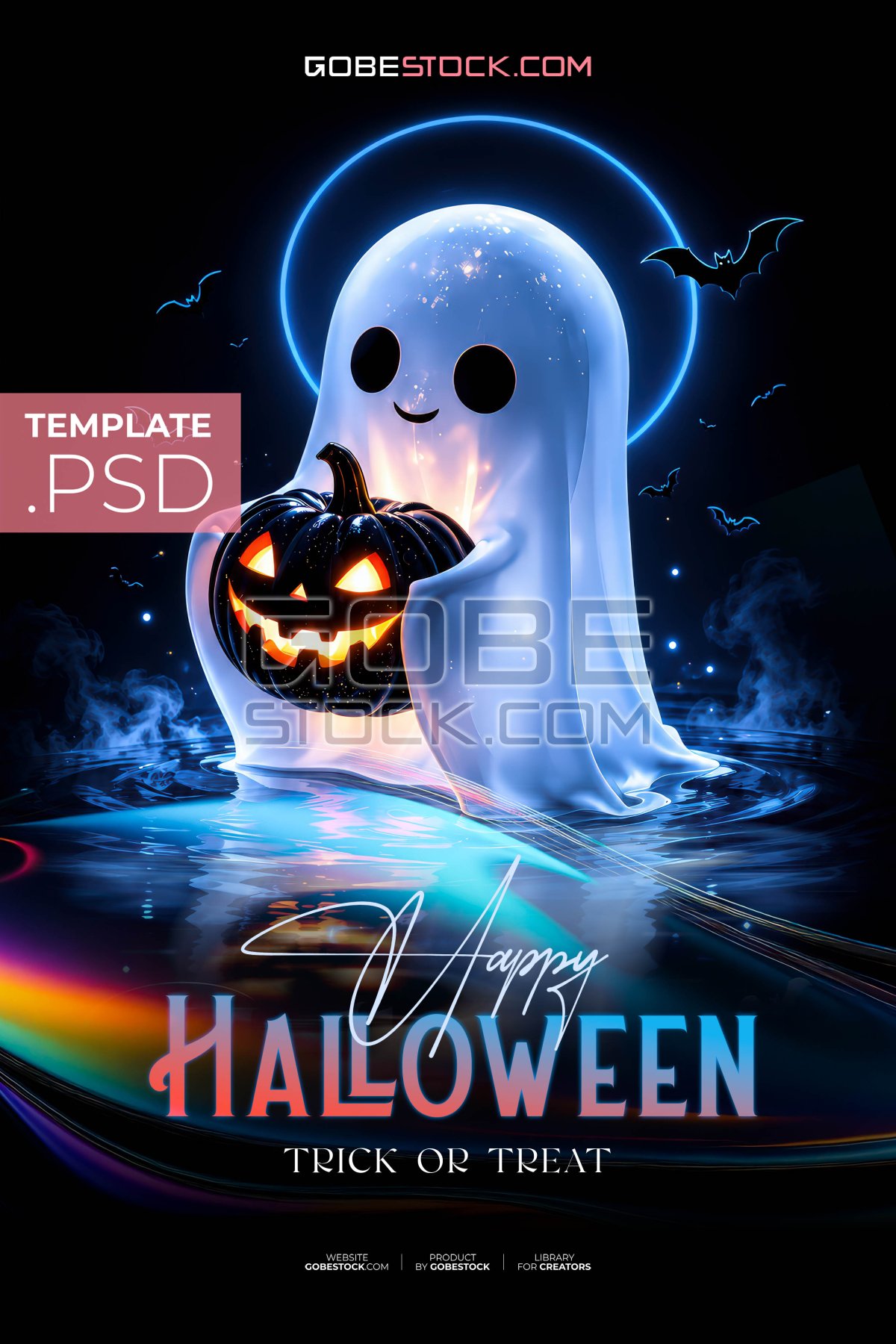 Halloween poster with ghost holding black jack o lantern and flying bats