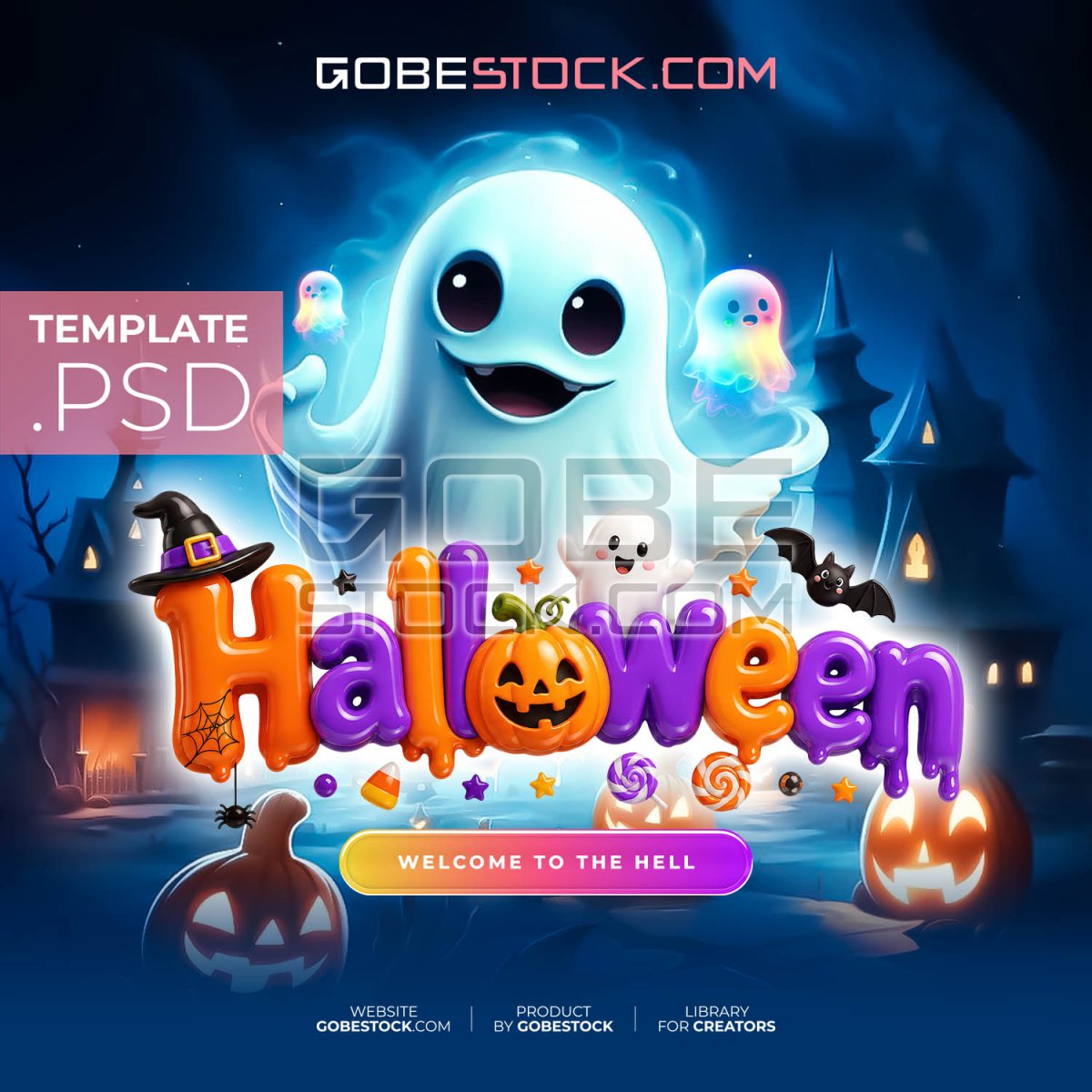 Halloween poster with giant cute ghost candy and haunted house