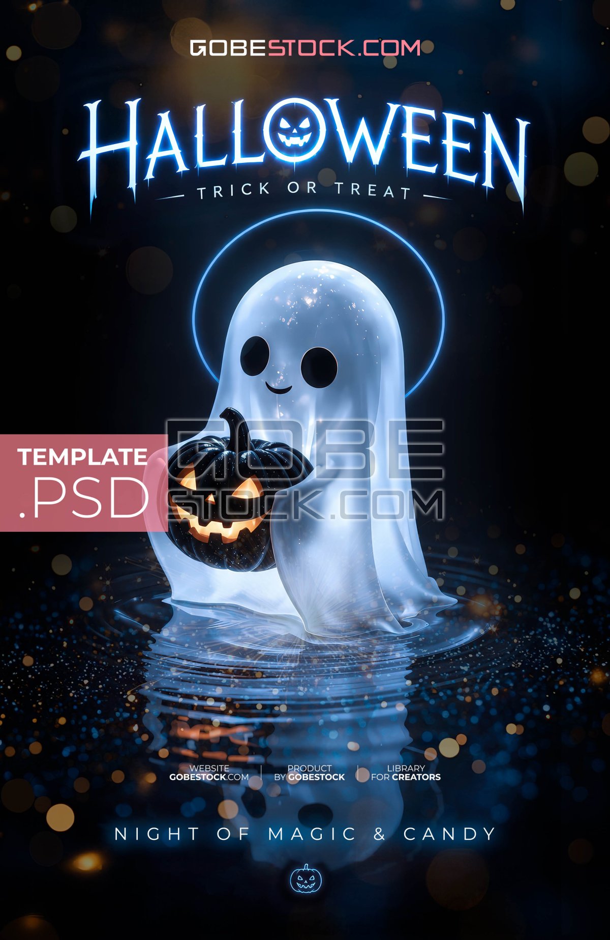 Halloween poster with glowing ghost holding black jack o lantern on water