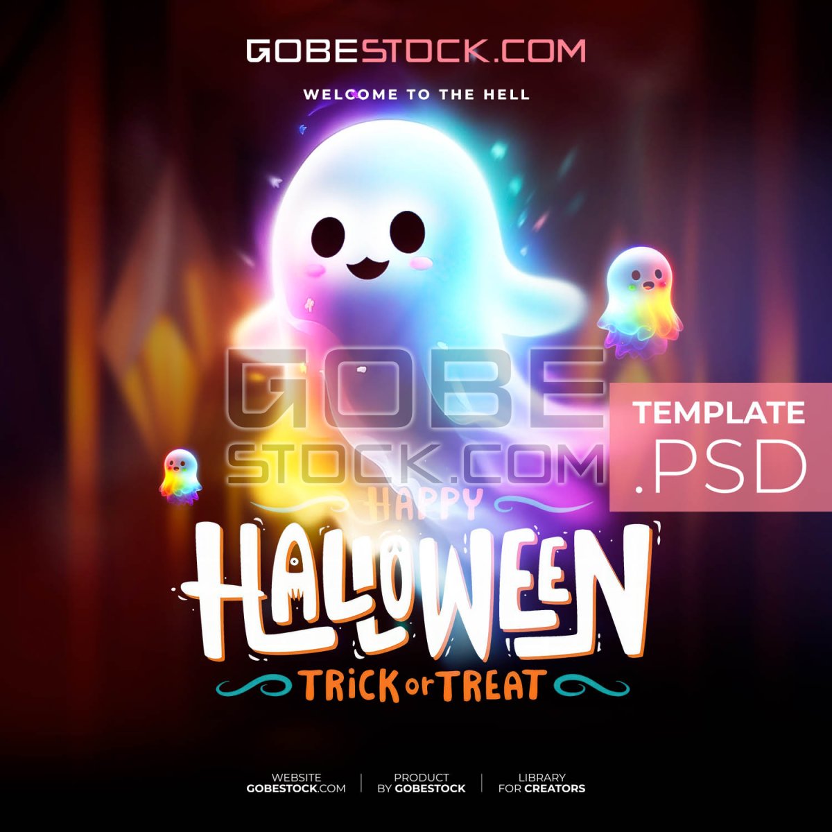 Halloween poster with glowing rainbow ghosts in dark forest