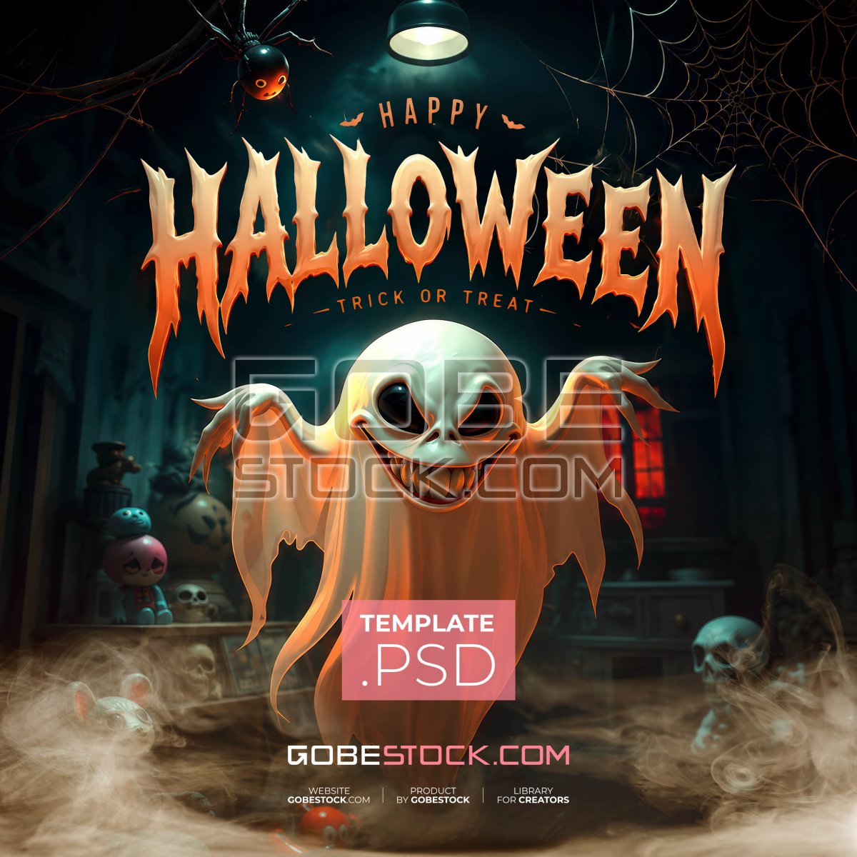 Halloween poster with grinning ghost in spooky laboratory