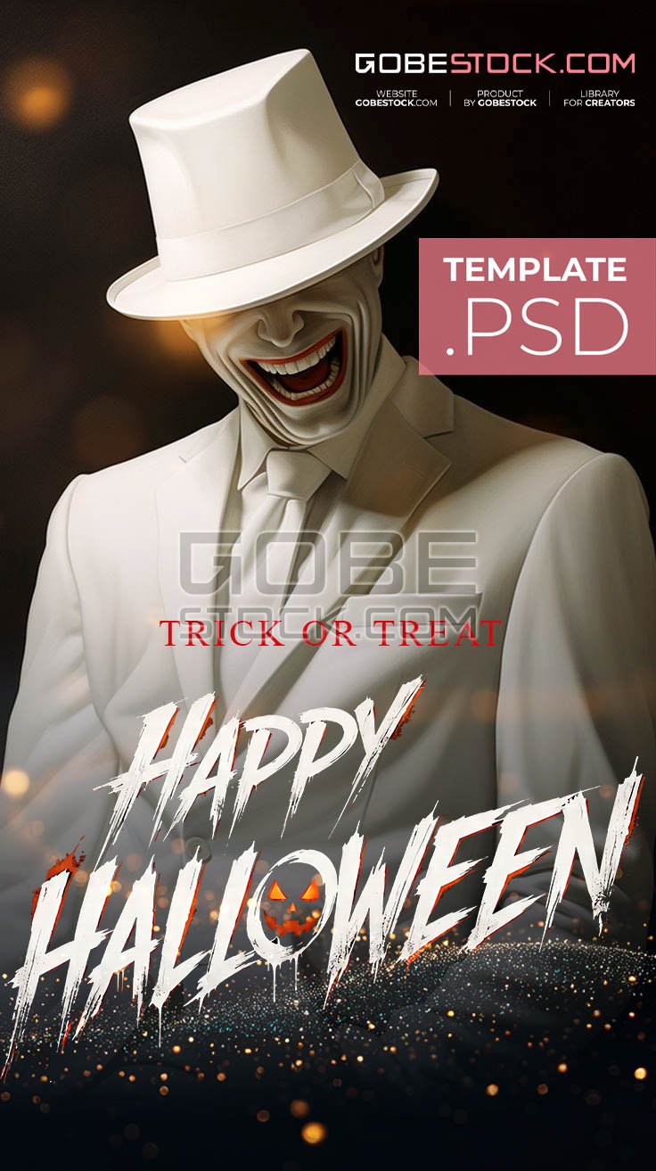 Halloween poster with grinning man in white suit and top hat