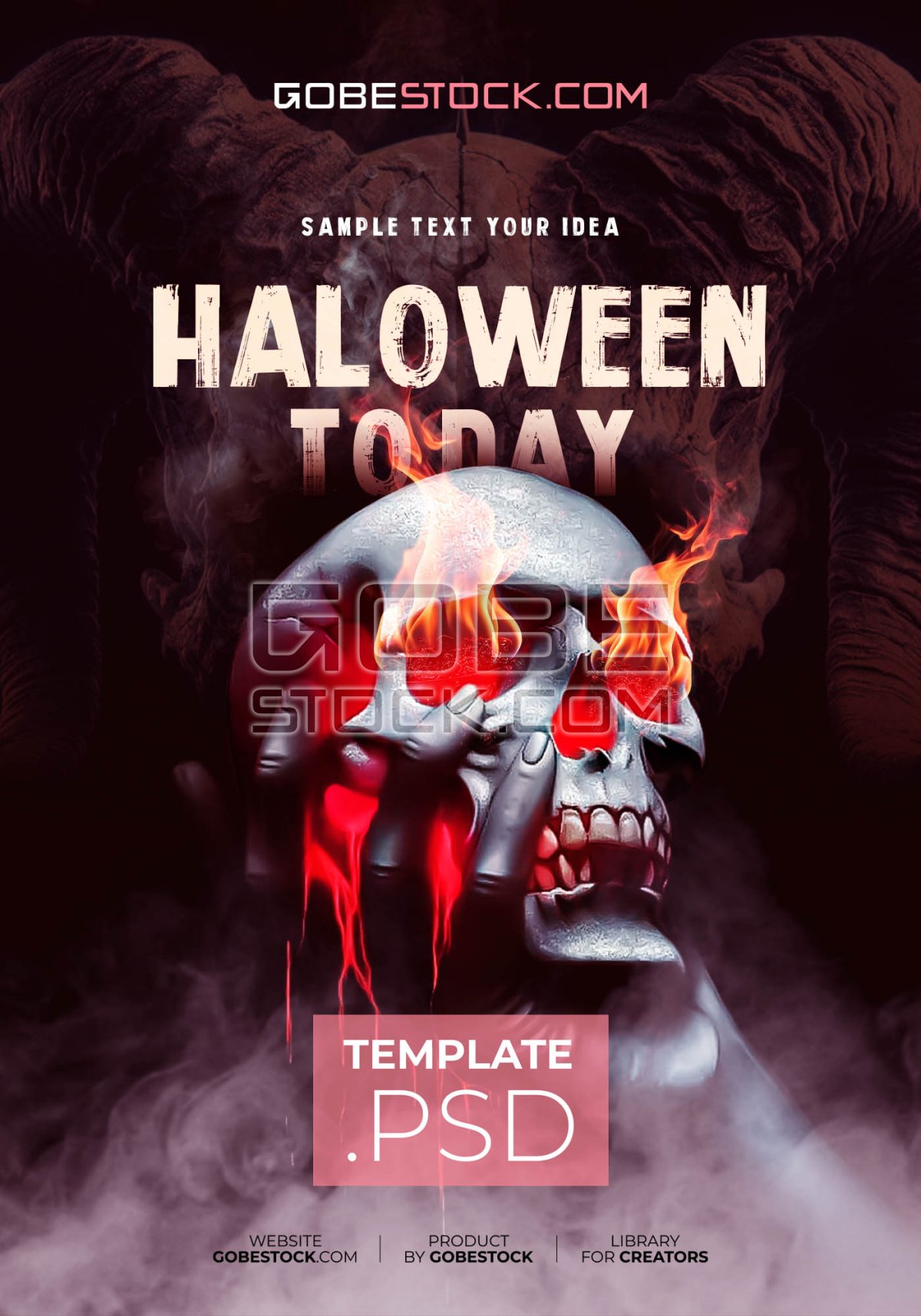 Halloween poster with hand holding melting silver skull and flaming eyes