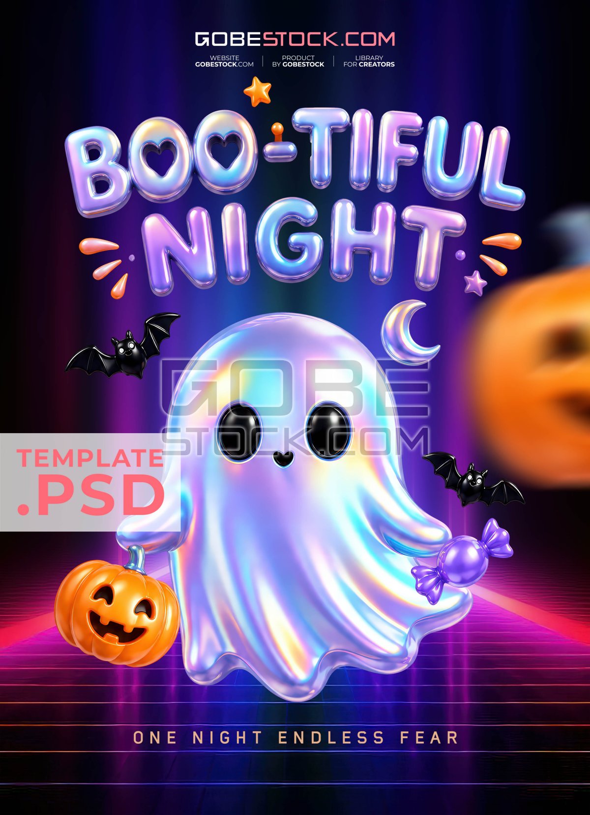 Halloween poster with holographic ghost holding candy and pumpkin