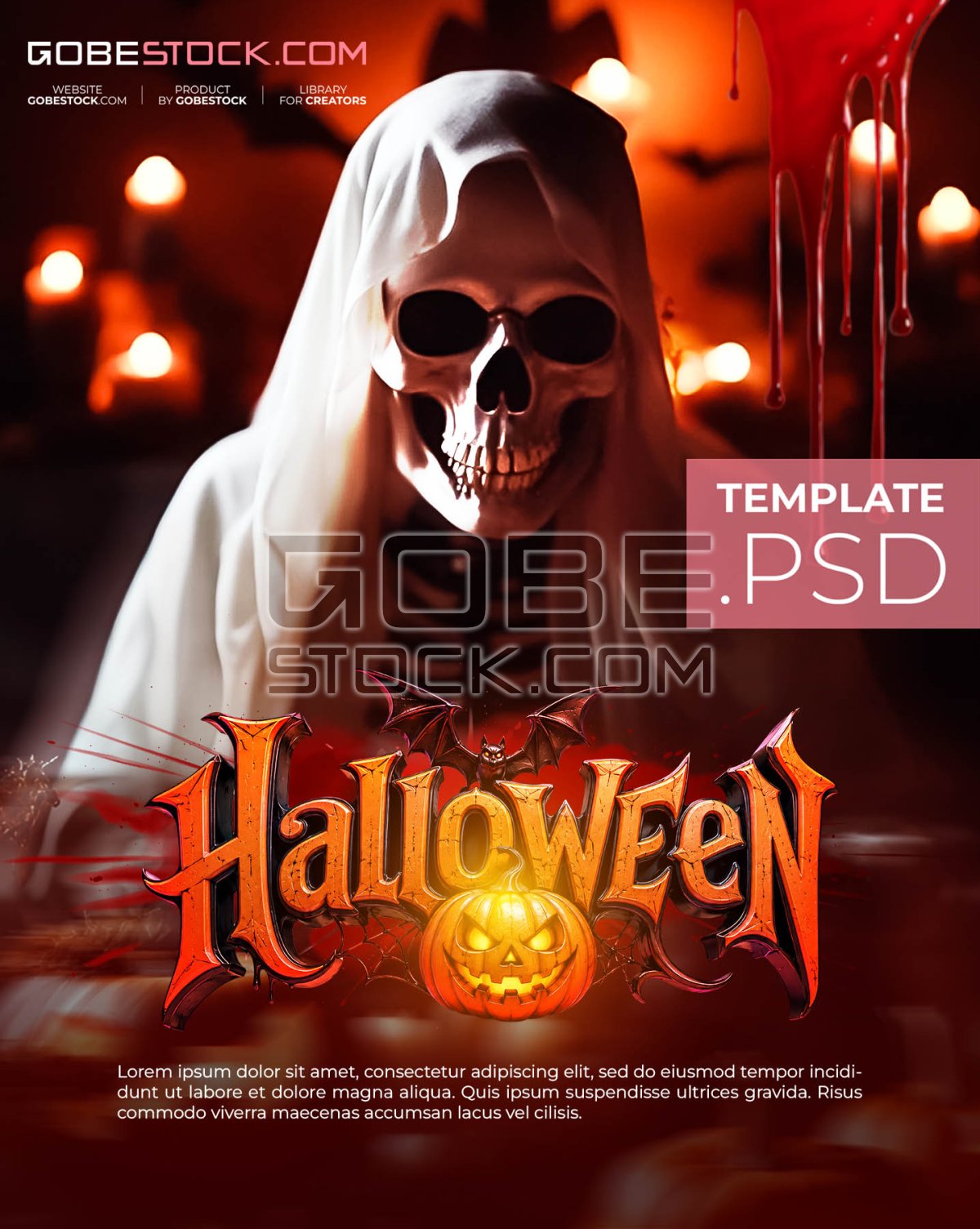 Halloween poster with hooded skeleton candles and dripping blood