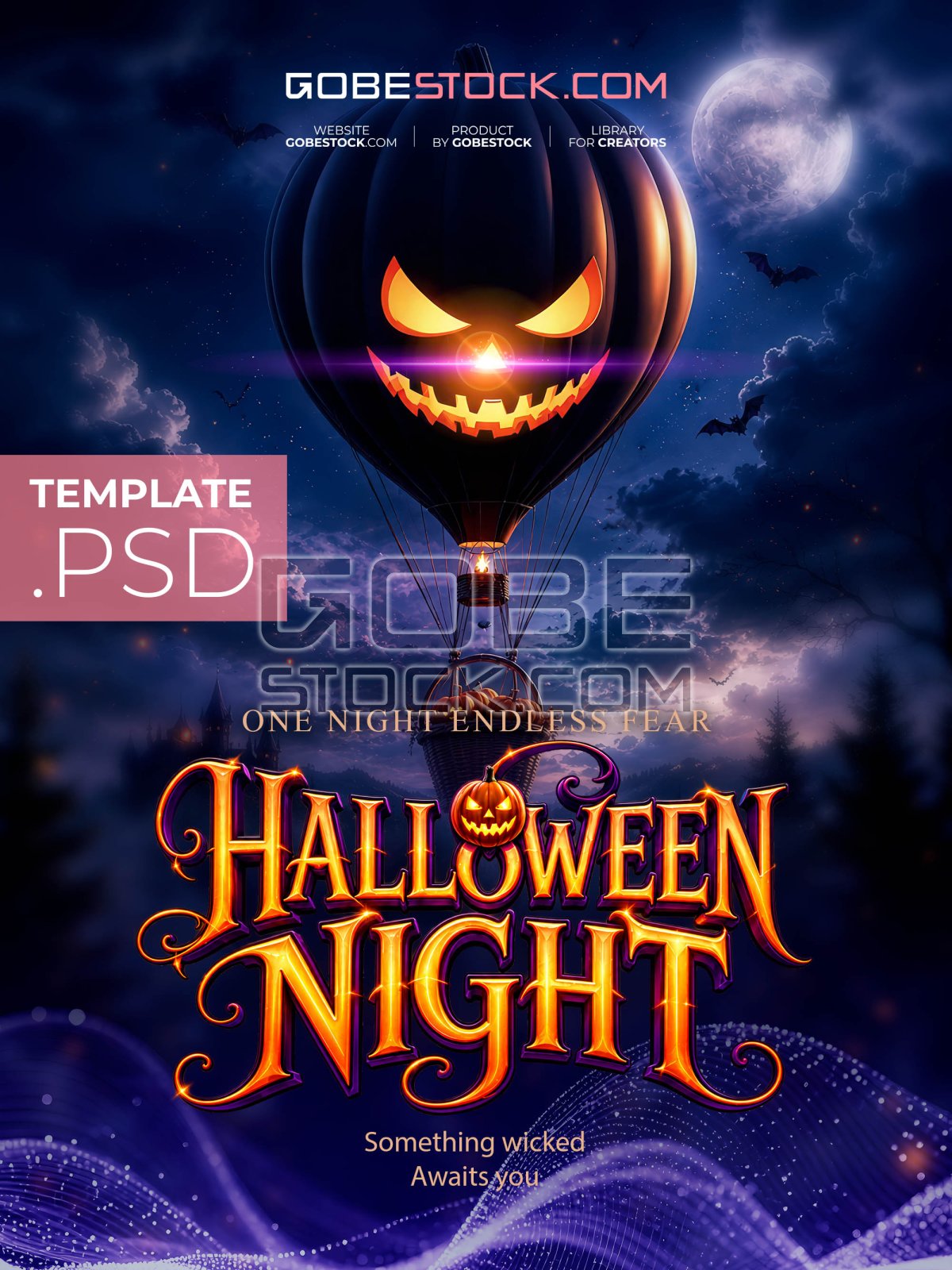 Halloween poster with jack o lantern hot air balloon under full moon