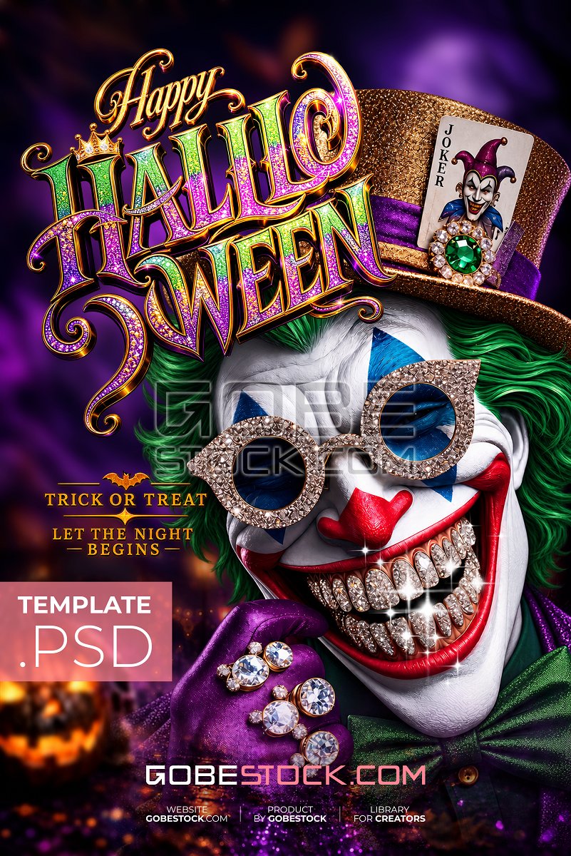 Halloween poster with jewel covered joker clown in top hat