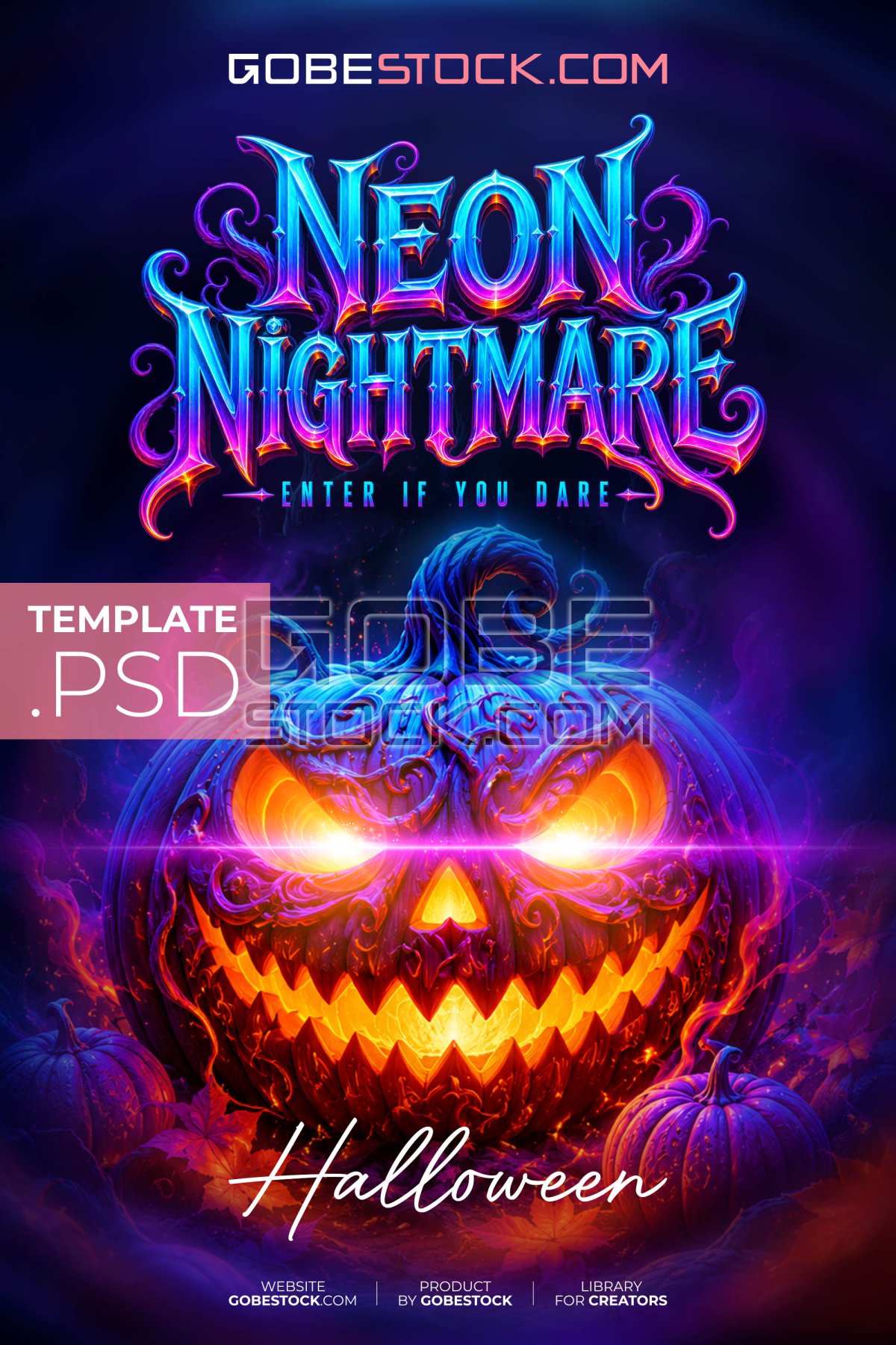 Halloween poster with ornate neon jack o lantern in purple light