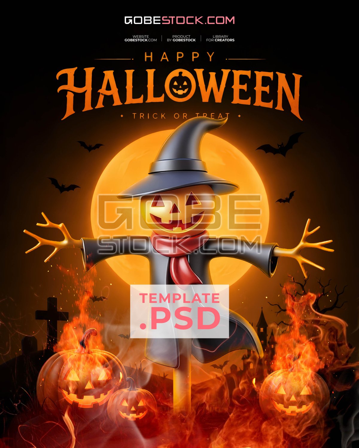 Halloween poster with pumpkin head scarecrow before full moon
